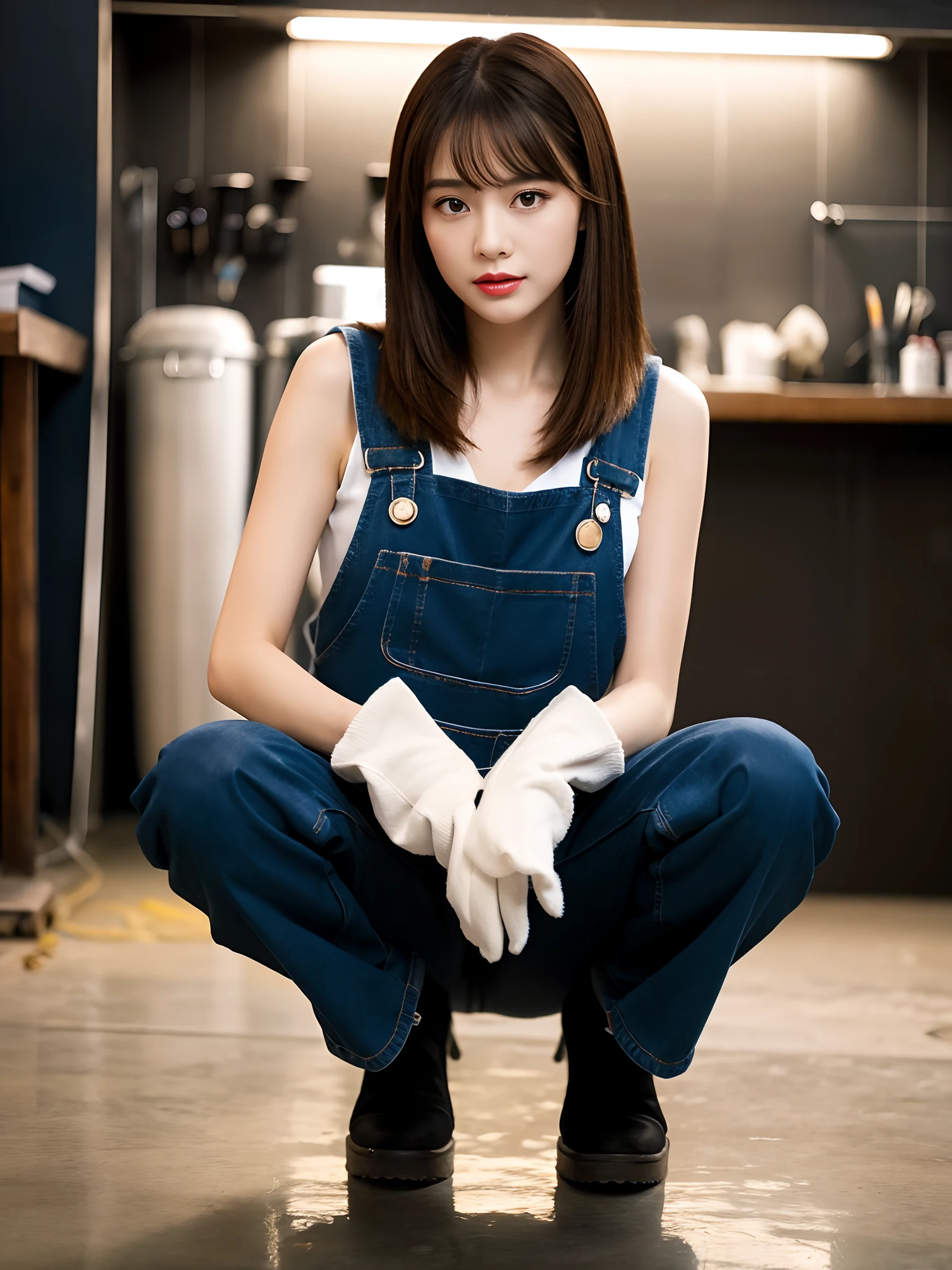 ((smallunderboob,tomgirl,small head)), (well-defined abs: 1.1), (perfect bodies: 1.1), (short-length straighthair: 1.2), Brown hair, Upper body photo,，（Highly detailed CG 8K wallpapers），（Very sophisticated、Beautiful fece），（tmasterpiece），（best qualtiy：1.0），（超A high resolution：1.0），beautiful ilumination，Perfect Lightning，realistic shaded，[hight resolution]，Smooth, Completely fair skin,，ultra - detailed ，flat-chest，slim，Female repairman，At the repair shop，during night，The dim、Next to the tire，Squat，Wear dirty white gloves on both hands、Repair work is underway，Dirty top and bottom coveralls workwear、Flat Black Cross Shoes