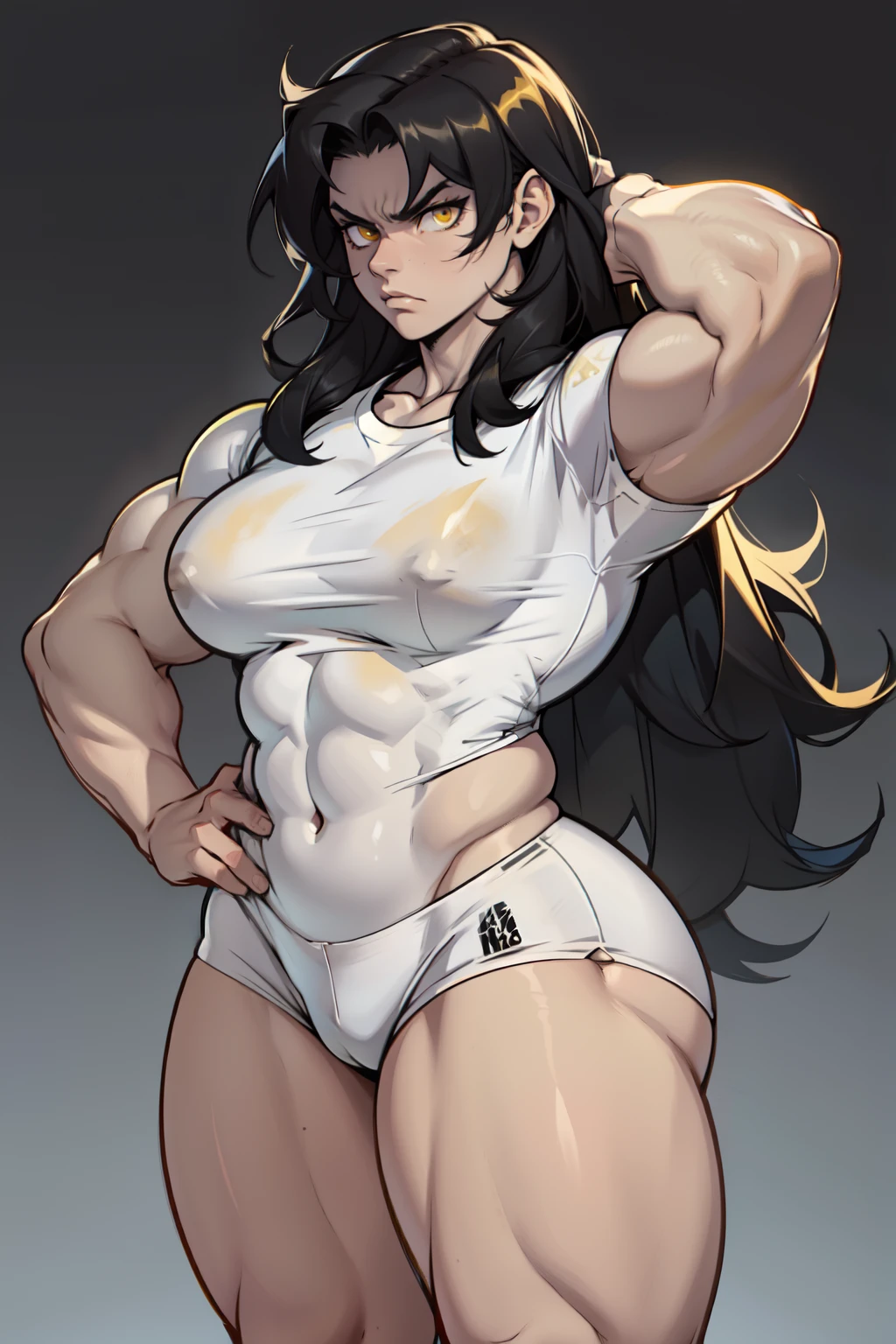 (1girl) pale skin large breasts (muscular) toned body thick thighs black hair yellow eyes (long hair grey background) bodybuilder angry tight shirt