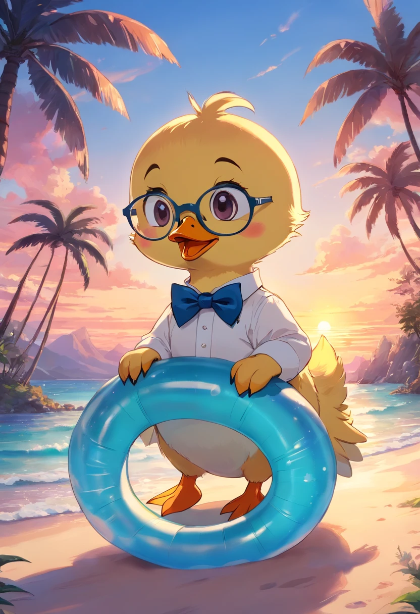 duckling wearing glasses and a blue bowtie in an inflatable ring, Beautiful sea, Sunset in pink tones , Against the backdrop of an island with palm trees, boy duck