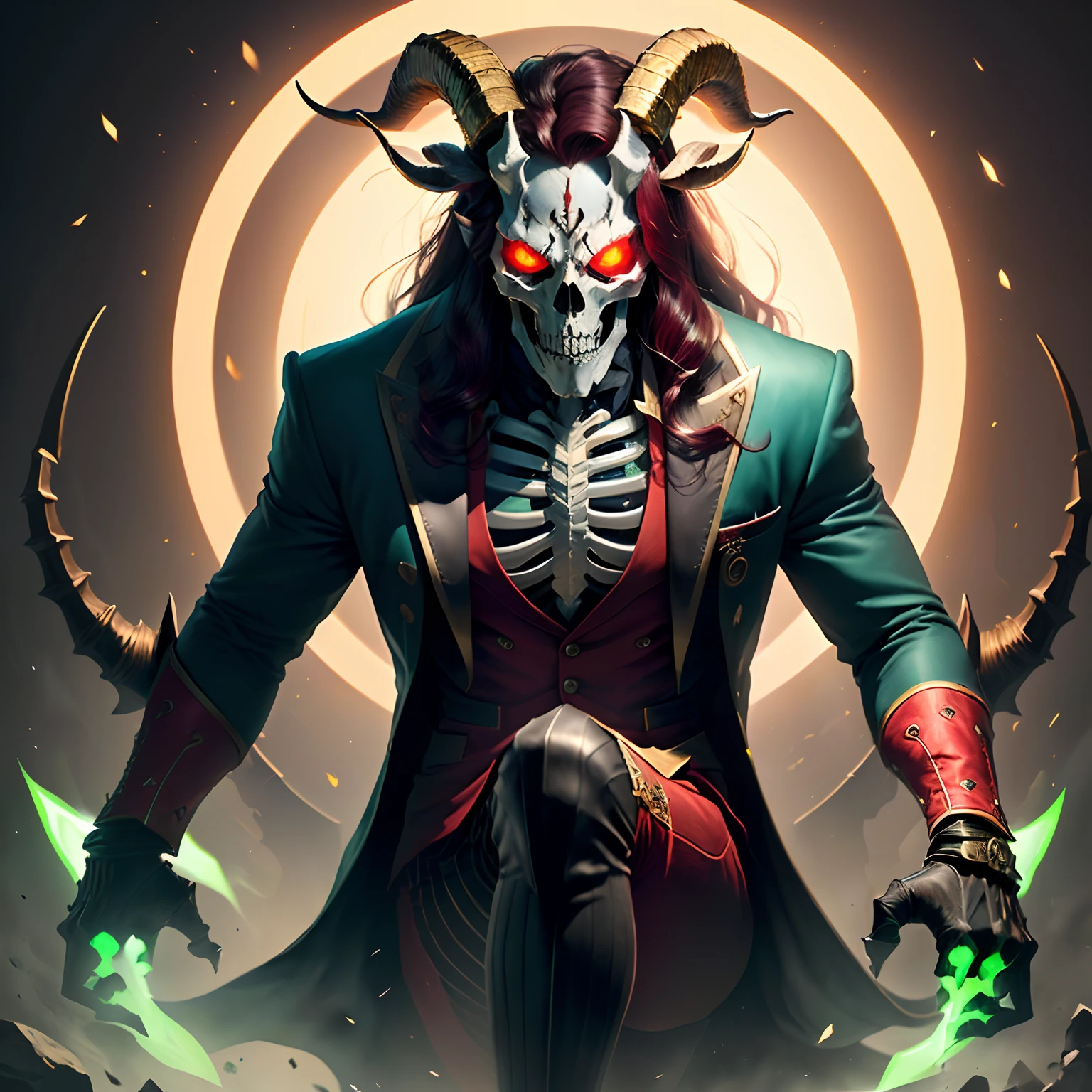 ((Best Quality)))(((Detailed))) A man wearing a red classical suit, long red black hair, long claws, horns that go inward, wears skeleton mask, green glowing eyes, has goat legs.