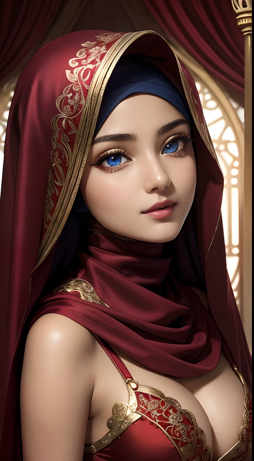 A beautiful hijabi teen in cleavage red royl silk lingeries.  decorated with intricate patterns and gold art work,opened mouth romantically, sexy exprestion, beautiful fantasy world background,charming beautifu face,brautiful blue eyes,very happyness in face,close-up