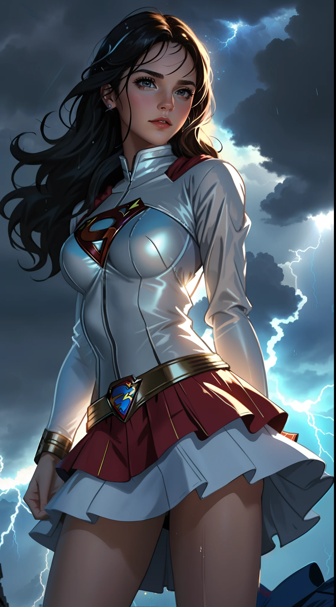Un primer plano de una mujer con un disfraz de Superman de pie en una ciudad, Superchica, Gal Gadot como Supergirl, superhero body, super-hero girl, Super model, Superhero, amouranth as a super villain, hybrid of gal gadot, super hero, Gal Gadot as the Lord of Hell, the strongest superhero, Emma Watson como Supergirl,Apocalyptic destroyed city, lluvia cayendo, More detailed 8K.motor irreal:1.4,UHD,La mejor calidad:1.4, fotorrealista:1.4, textura de la piel:1.4, obra maestra:1.8,obra-prima, mejor calidad,objeto Objeto], (detailed face features:1.3),(mini-skirt white:1.4),(mostrando panties),(puesta de sol Apocalyptic:1.4),(White Superhero Costume:1.4),(cabello blanco canoso:1.4),(Rainy blue lightning background:1.4)