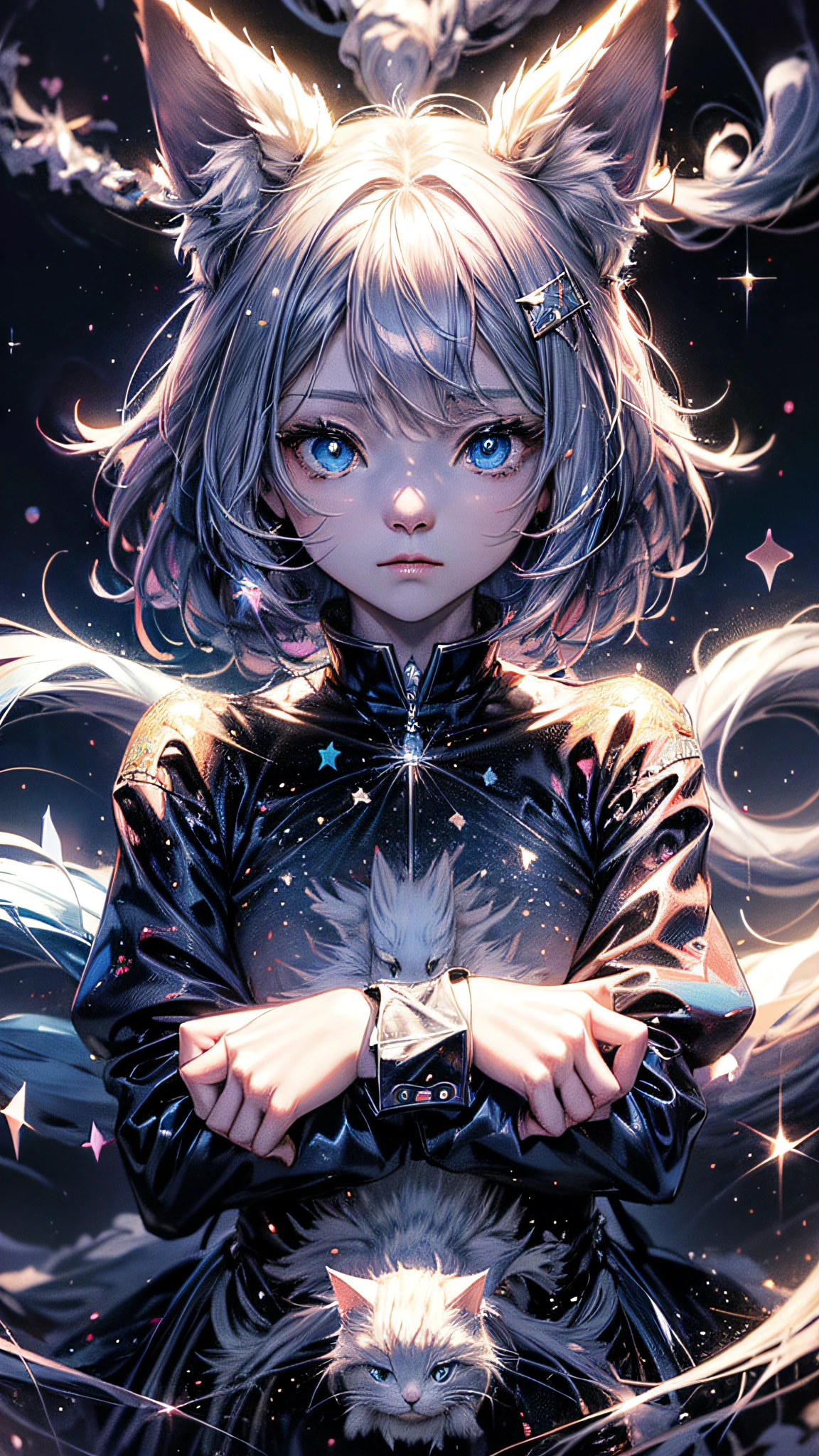 anime cat with blue eyes and stars on background, anime cat, cute cat anime visual, realistic anime cat, cute detailed digital art, anime art wallpaper 4k, anime art wallpaper 4k, very beautiful furry art, beautiful anime cat, very beautiful anime cat, 4k manga wallpaper, cute anime cat girl, anime art wallpaper 8k