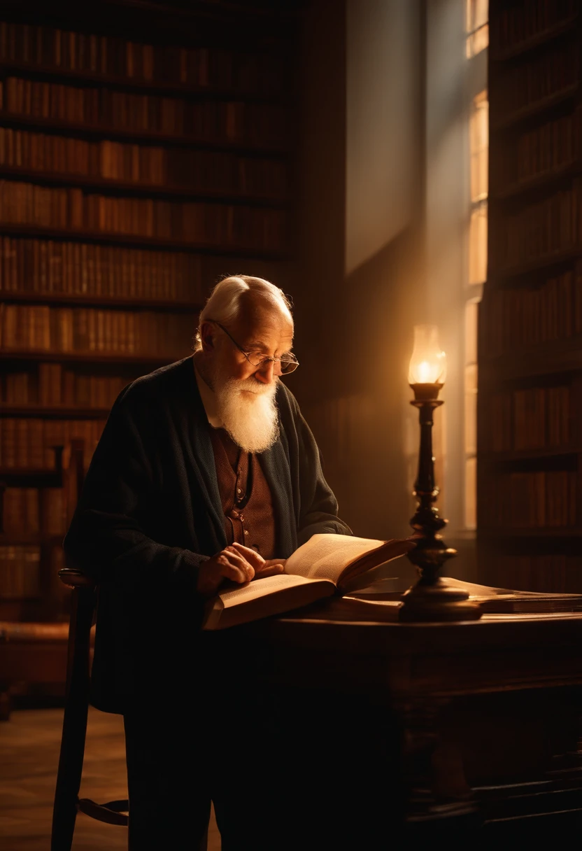 A wise old man standing in front, illuminated by the light of a lamp, against the backdrop of a library