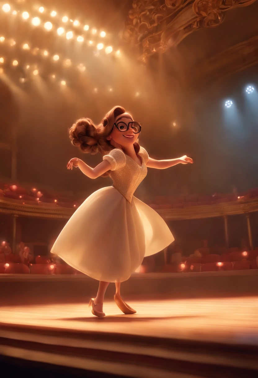 "(best quality,ultra-detalhado,Realistic:1.37),3D rendering,illustration,design de personagens,cabelos curtos e cacheados escuros,belos olhos detalhados,wearing white glasses,Estilo Pixar,morena mulher,Dancing on the Disney stage,atmosfera animada,vivid colors,luzes de palco,expression joyful"