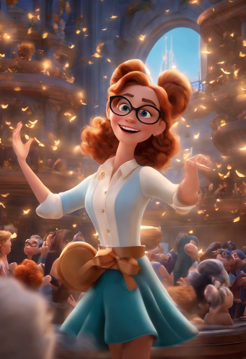 "(best quality,ultra-detalhado,Realistic:1.37),3D rendering,illustration,design de personagens,cabelos curtos e cacheados escuros,belos olhos detalhados,wearing white glasses,Estilo Pixar,morena mulher,Dancing on the Disney stage,atmosfera animada,vivid colors,luzes de palco,expression joyful"