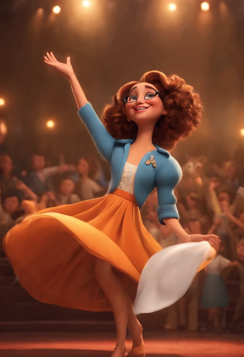 "(best quality,ultra-detalhado,Realistic:1.37),3D rendering,illustration,design de personagens,cabelos curtos e cacheados escuros,belos olhos detalhados,wearing white glasses,Estilo Pixar,morena mulher,Dancing on the Disney stage,atmosfera animada,vivid colors,luzes de palco,expression joyful"