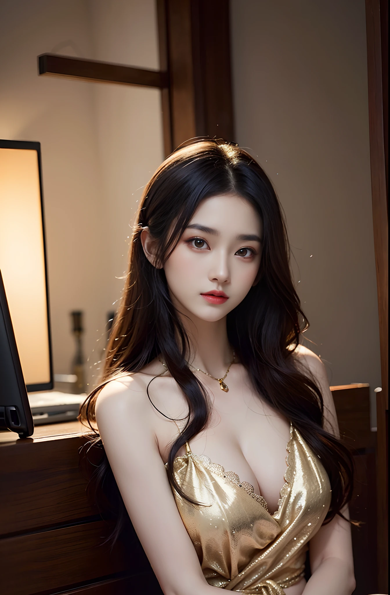 tmasterpiece, (Positive focus), Beautiful female, Fantasyart, hentail realism, 动态照明, art stations, poster for, Volumetriclighting, Highly detailed face, Golden and feminine eyes, shiny pupils, 4K, Award-Awarded, 1 rapariga, Half-body shooting, (official outfit: 1.4,Gold lace gown), the night,glowworm