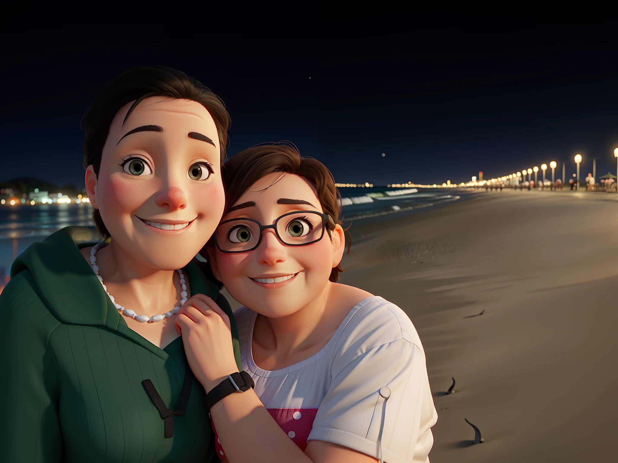 Aunt and nice at the beach shore, at night with street lights on the background.