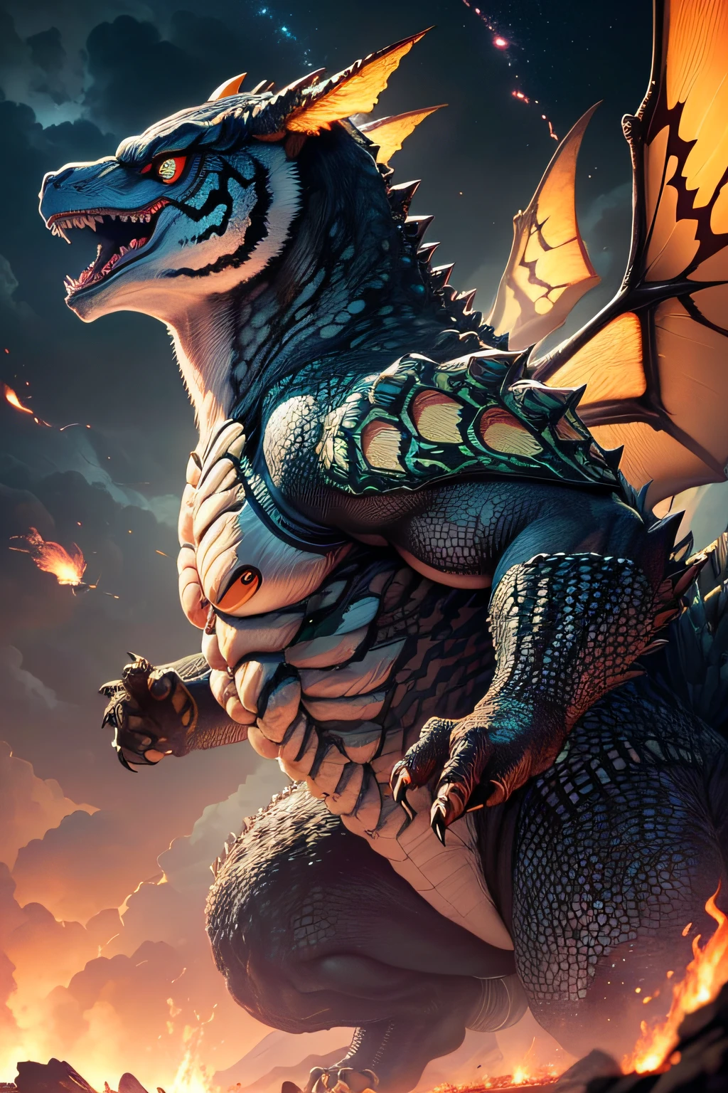 １Godzilla、Evolved Godzilla、Super Giant Mothra Background、Dinosaur、toei、Godzilla、电影灯光、​masterpiece、top-quality、hightquality、hight resolution、(Textured skin, Super Detail, high details, High quality, Best Quality, Battle Mode, Dynamic Posture, Fighting stance, hyperdetailed photo、(natural skin textures、Detailed skin、Hyper-Realism、ultra sharpness)、high-detail skin、(ighly detailed、detailed skin textures、intricate detailes、depth of fields、realisticeyes、beatiful detailed eyes、real looking skin、Beautiful skins、A hyper-realistic、ighly detailed、the golden ratio、most beautiful image in the world, fantastic location、(电影灯光)、Detail Enhancement, beautiful  lighting、foco nítido、Poses variadas、hyperdetailed face、A detailed eye、Evolved Godzilla、((Super Giant Mothra background in the sky above))