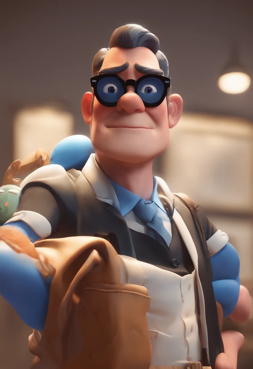 Cartoon character of a man with black glasses and a blue shirt, animation character, Caractere estilizado, animation style rendering, 3D estilizado, Arnold Maya render, 3 d render stylized, toon render keyshot, Personagem 3D, Personagem 3D, 3d rendering stylized, 3 d character render, personagem de desenho animado, , Pose de personagem, (Estilo Pixar) (master part:1.2) (Bokeh) (best quality) (pele detalhada) (textura detalhada) (8k) (argila) (Cinematic lighting) (foco nítido