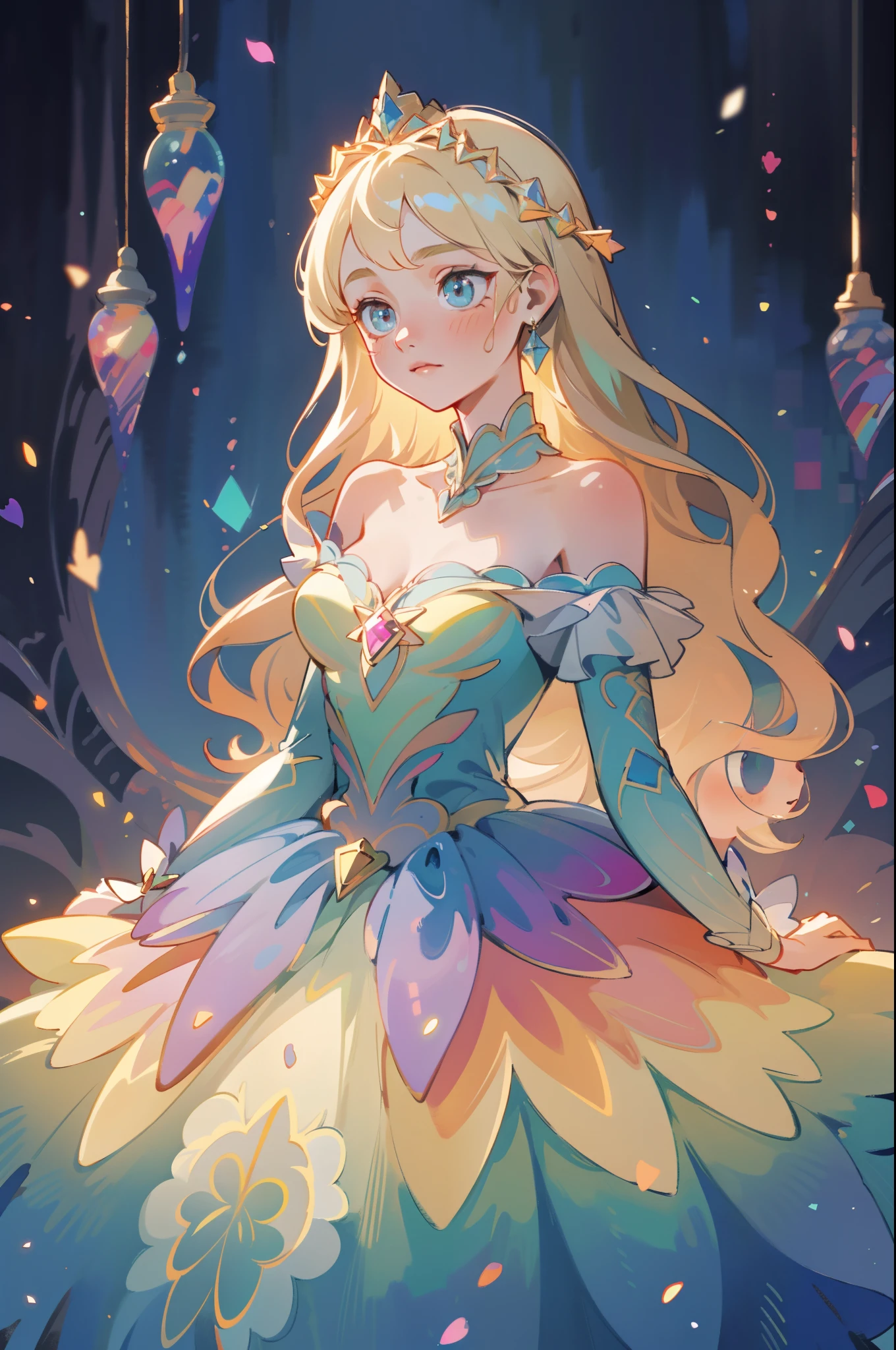 beautiful anime girl, princess, colorful fantasy princess layered ballgown, colorful rainbow layered ballgown dress, layered skirt that looks like petals, fantasia background, muted pastel colors, (masterpiece), best quality, sharp focus, intricate details, highly detailed, detailed dress design, sharp focus, high resolution, 8k resolution, beautiful face, golden ratio, perfection, perfect composition, sparkling eyes, highly detailed eyes, perfect face, beautiful, sparkling lights, dark background, cinematic lighting, long wavy blonde hair