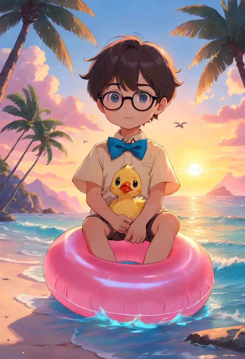 duckling wearing black glasses and a blue bowtie in an inflatable ring, Beautiful sea, Sunset in pink tones , Against the backdrop of an island with palm trees, boy duck