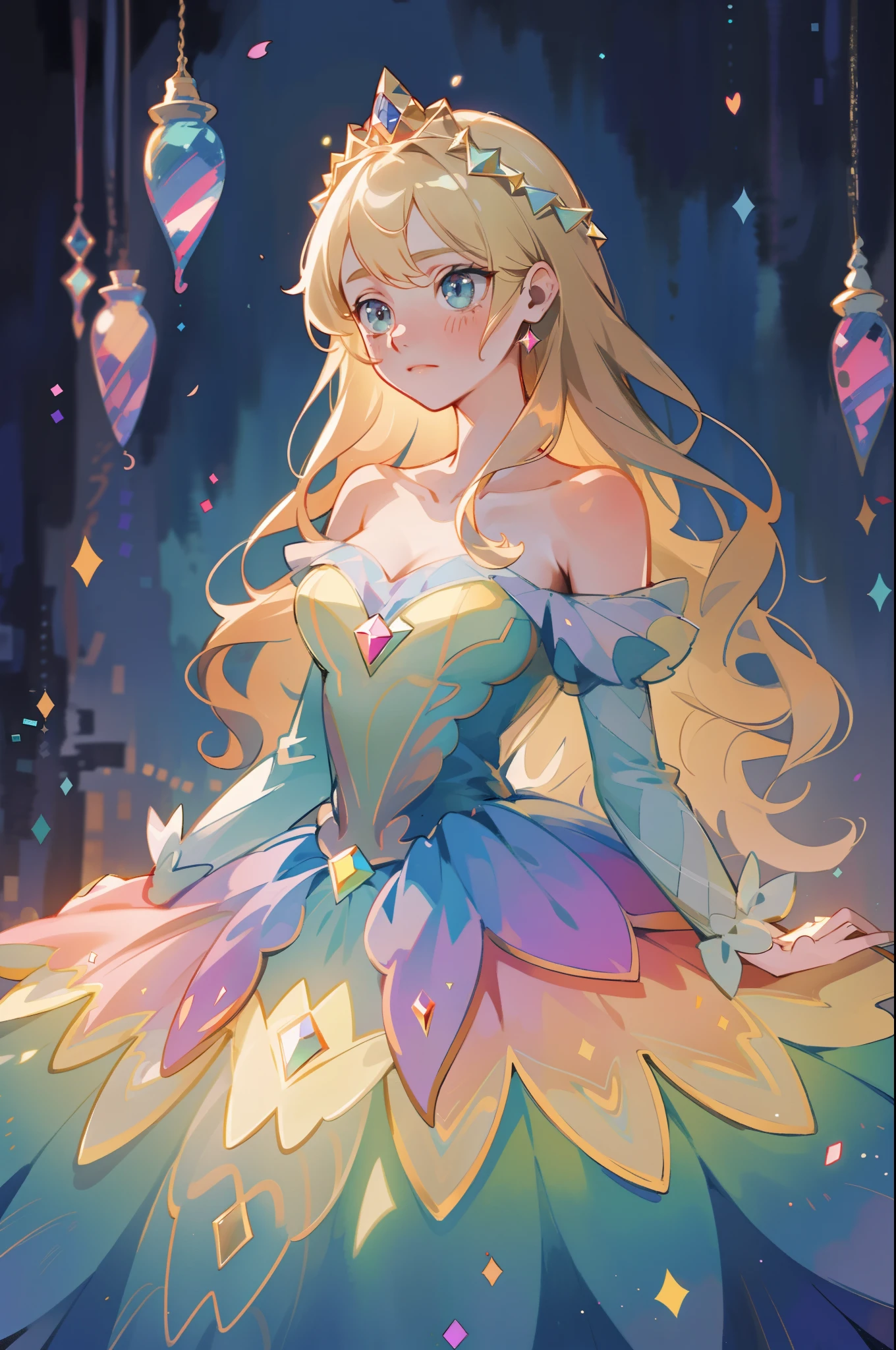 beautiful anime girl, princess, colorful fantasy princess layered ballgown, colorful rainbow layered ballgown dress, layered skirt that looks like petals, fantasia background, muted pastel colors, (masterpiece), best quality, sharp focus, intricate details, highly detailed, detailed dress design, sharp focus, high resolution, 8k resolution, beautiful face, golden ratio, perfection, perfect composition, sparkling eyes, highly detailed eyes, perfect face, beautiful, sparkling lights, dark background, cinematic lighting, long wavy blonde hair