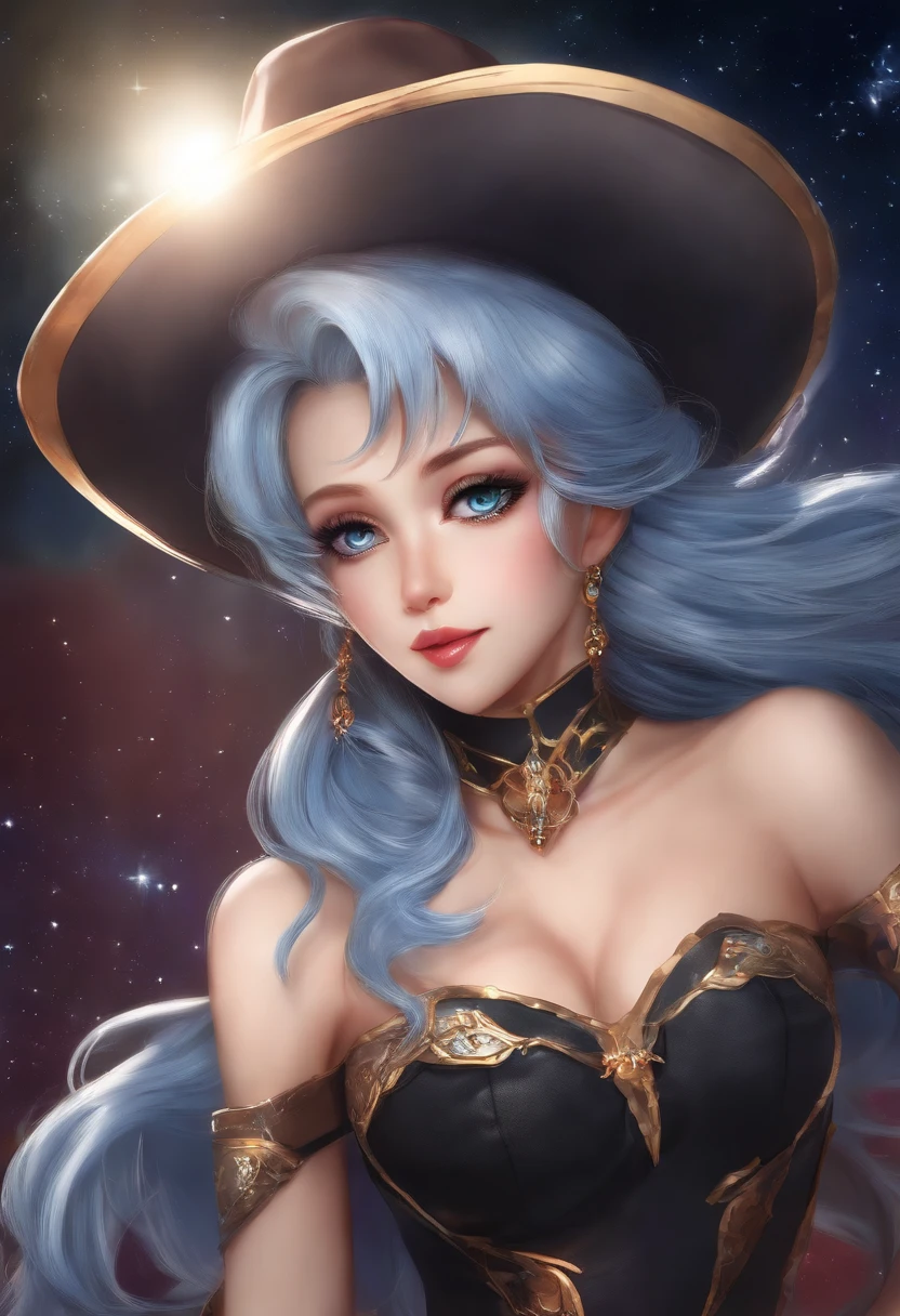 (master part, best quality:1.2), cowboy shot, sozinho, 1girl, Sheryl Nome, sorrir, boca fechada, Olhando para o Viewer, strapless dress, espartilho, saia em camadas, coxas, bareshoulders, outer space, estrela (heaven)
