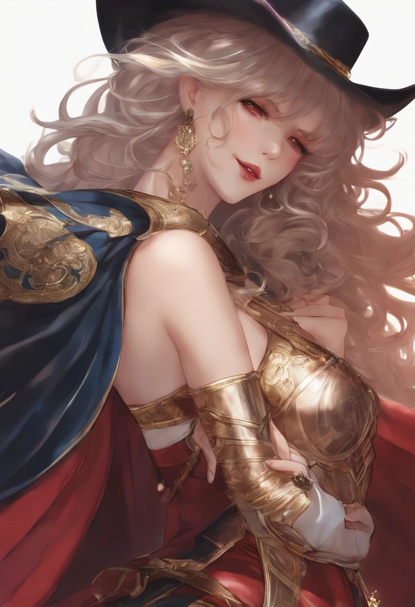 (master part, best quality:1.2), cowboy shot, sozinho, 1girl, Sheryl Nome, sorrir, boca fechada, Olhando para o Viewer, strapless dress, espartilho, saia em camadas, coxas, bareshoulders, outer space, estrela (heaven)