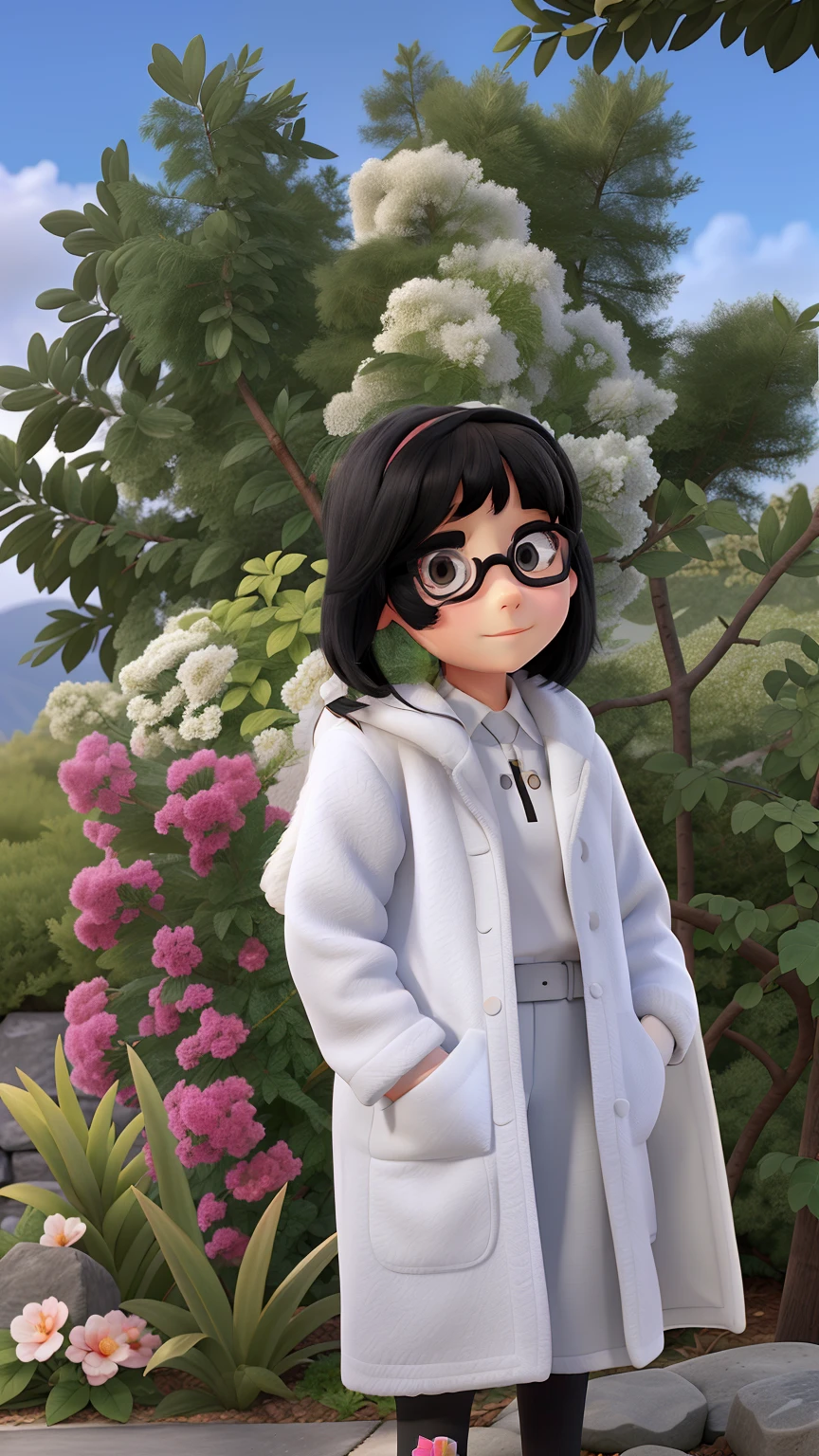 Girl , glasses, straight black hair, white coat