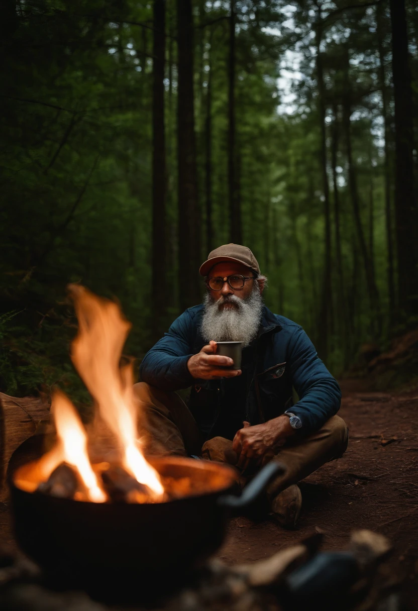 Homem de 40 anos, barba grande grisalha, wearing cap, Eyeglasses, Tactical Trail Clothing, mochila nas costas, Passing coffee on a floor fire, Bucolic forest, Lots of trees and mountains, uma barraca ao fundo, dia frio nublado, luz difusa.