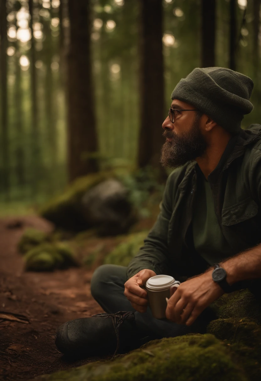 Homem de 40 anos, barba grande grisalha, wearing cap, Eyeglasses, Tactical Trail Clothing, mochila nas costas, Passing coffee on a floor fire, Bucolic forest, Lots of trees and mountains, uma barraca ao fundo, dia frio nublado, luz difusa.