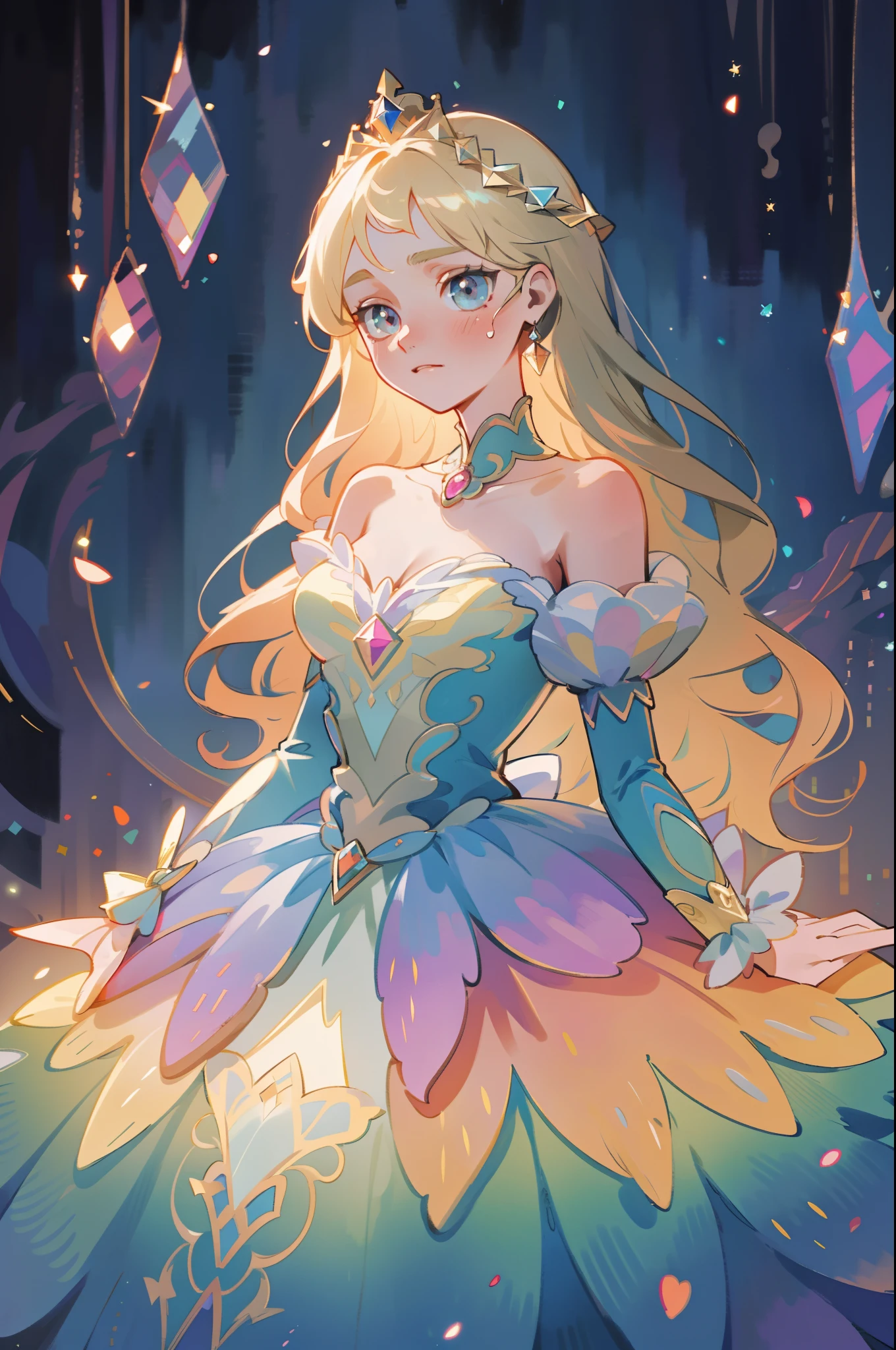 beautiful anime girl, princess, colorful fantasy princess layered ballgown, colorful rainbow layered ballgown dress, layered skirt that looks like petals, fantasia background, muted pastel colors, (masterpiece), best quality, sharp focus, intricate details, highly detailed, detailed dress design, sharp focus, high resolution, 8k resolution, beautiful face, golden ratio, perfection, perfect composition, sparkling eyes, highly detailed eyes, perfect face, beautiful, sparkling lights, dark background, cinematic lighting, long wavy blonde hair