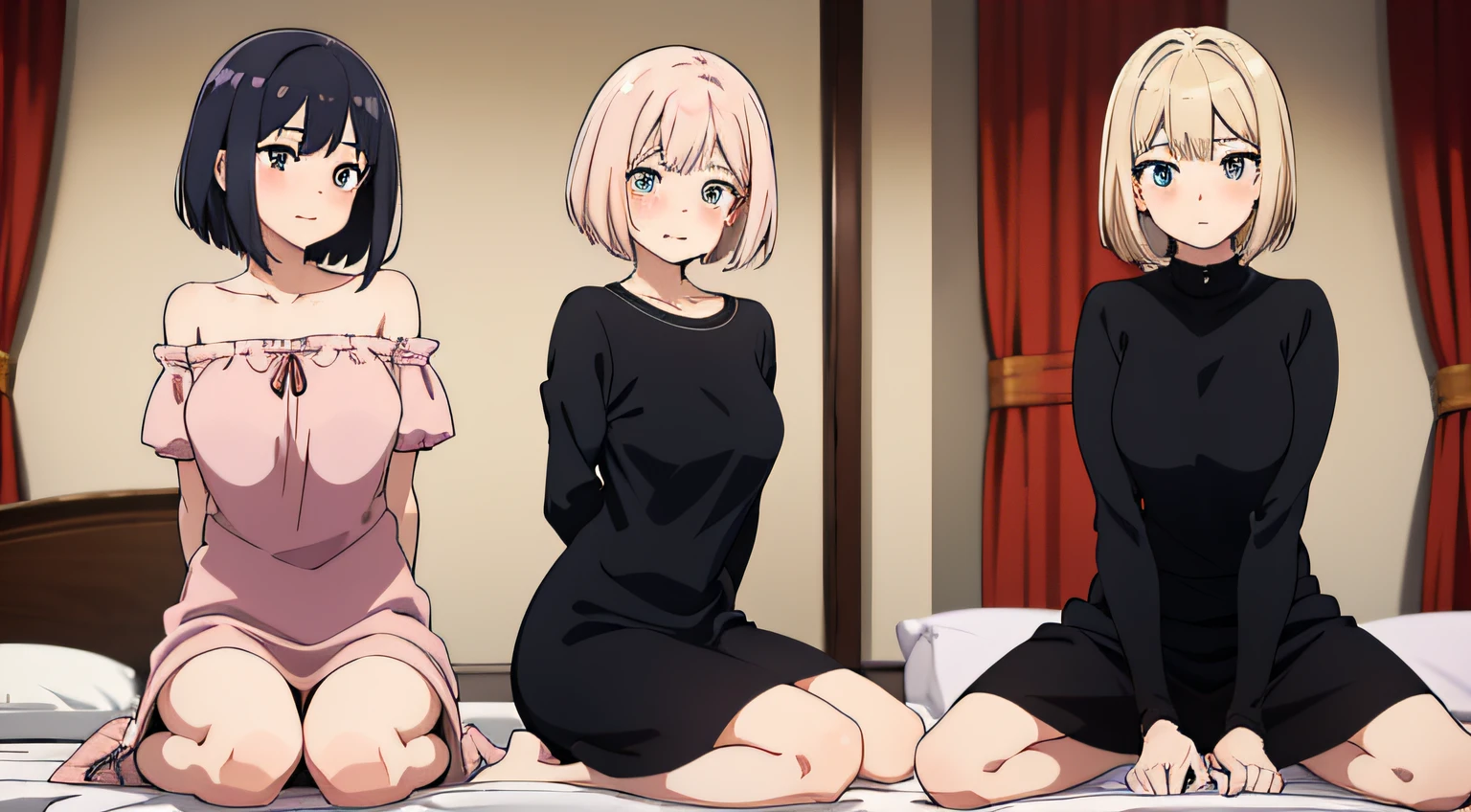 2 girls, (beautiful eyes finely detailed, short hair with different colors), wearing different outfit, sit on the bed, full body, teasing facial expression, looking at the camera, blush on their face, bedroom, master piece, sidelighting, top-quiality, detailed, High Resolution anime illustration