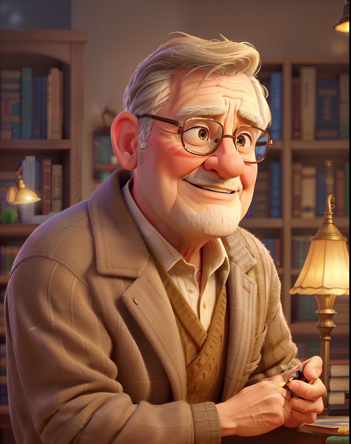 a wise old man standing in front, illuminated by the light of a lamp, against the backdrop of a library.
(best quality,4k,8k,highres,masterpiece:1.2),ultra-detailed,(realistic,photorealistic,photo-realistic:1.37), HDR, UHD, studio lighting, ultra-fine painting, sharp focus, physically-based rendering, extreme detail description, professional, vivid colors, bokeh.
(classical,traditional) art style, portraits, literature, wisdom, knowledge, inspiration, solitude, tranquility.
(subdued, warm) color tones, rich browns, golden highlights.
soft, gentle lighting to highlight the man's face and create a calm atmosphere.