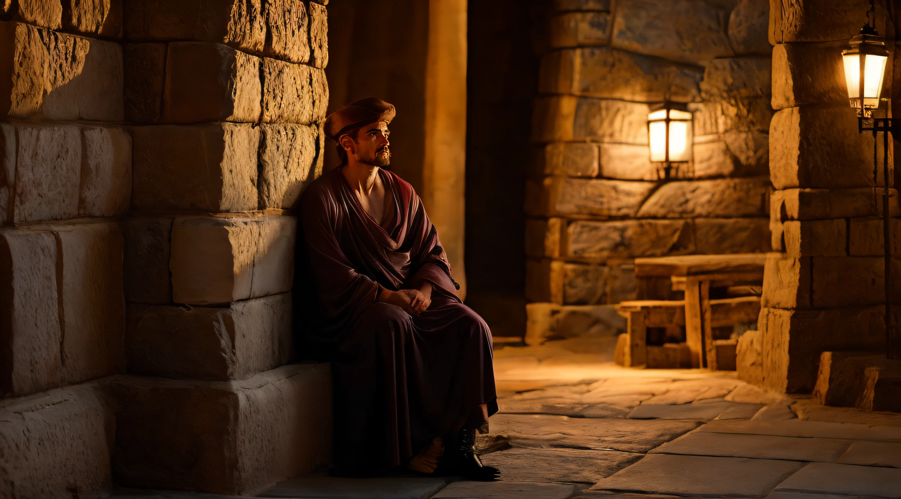 Ancient Israel、Biblical times、1st century、(((mid night)))、(((The servant man waits for his master)))、8K、Raw photography、top-quality、masterpiece:1.5、ultra-lightweighthigh-resolution、Photorealsitic:1.5、ciinematic light、soft volumetric lighting:1.5、realisitic、Photorealsitic:1、Detailed skin、profetional lighting、a picture、foco nítido、detaileds、profetional lighting、photon maping、detailed and intricate environment、ighly detailed、top-quality、Artistic photography、photorrealistic concept art、soft natural volumetric cinematic perfect light、Midjourney、Detailed hand、