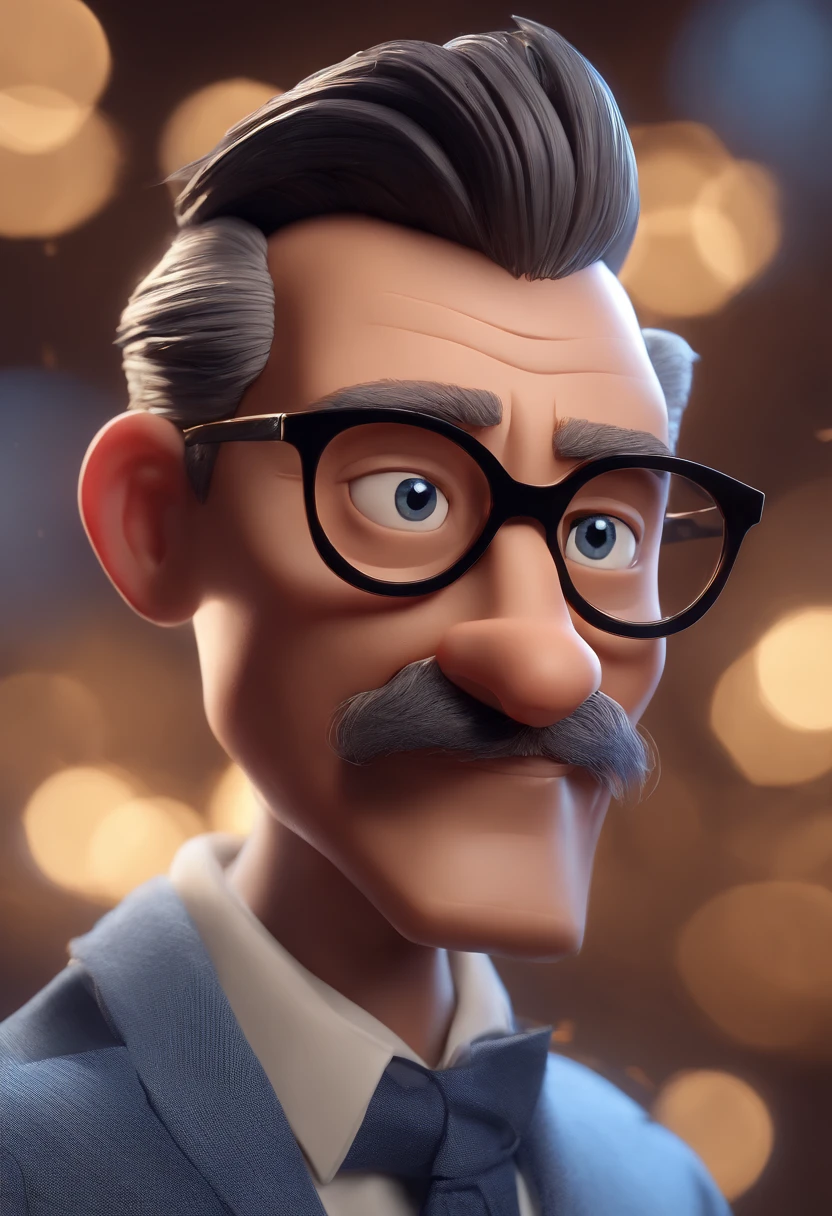 Cartoon character of a man with black glasses and a blue shirt, animation character, Caractere estilizado, animation style rendering, 3D estilizado, Arnold Maya render, 3 d render stylized, toon render keyshot, Personagem 3D, Personagem 3D, 3d rendering stylized, 3 d character render, personagem de desenho animado, Personagem de close up, Pose de personagem,  (Estilo Pixar) (master part:1.2) (Bokeh) (best quality) (pele detalhada) (textura detalhada) (8k) (argila) (Cinematic lighting) (foco nítido