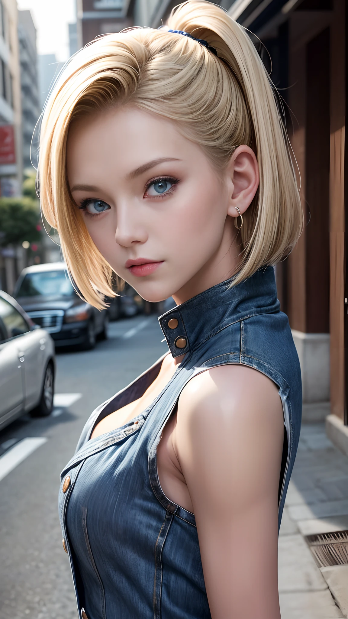 Best Quality, hight resolution, and18, 1girl in, Android 18, Solo, Blonde hair, Blue eyes, Short hair, A smile,earrings, Jewelry, Denim Vest, open vest, white t-shirts,damage jeans,Wearing sunglasses,tiny chest, Pose with your buttocks sticking out and turning around,Street, (Externally expanded Chest: 1.2),