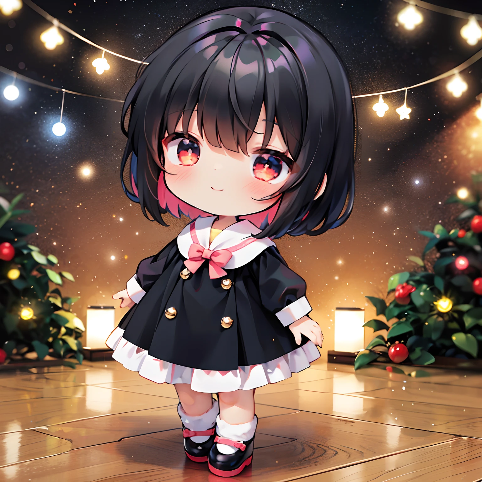 Place one small doll on a circular stand、A smile、Chibi Doll、Stars in the eyes(kirakira)、Pastel colors、Raise your right hand、Eye Up、Long Black Hair、Laugh、Cute red shoes、Ultra Detail, radiant light、bio luminescent、Taken from the side、Stronger bokeh effect
