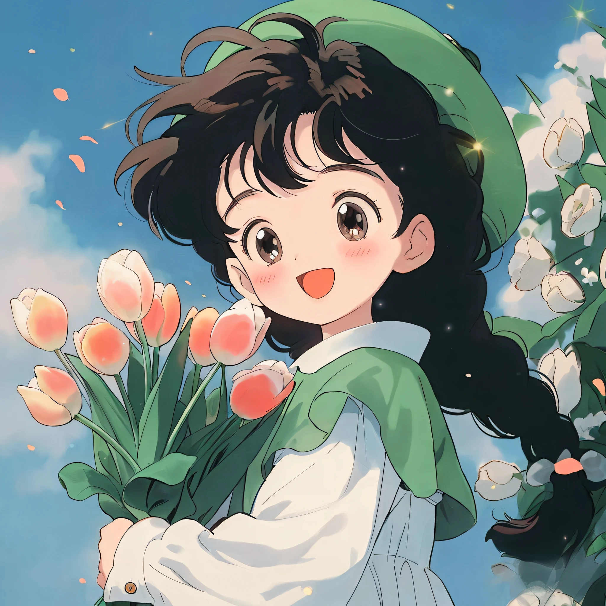 Anime girl holding flowers in her hand，The background is a cat, lofi-girl, Retro anime girl, Cute anime girl, Cute anime, in the art style of 8 0 s anime, 9 0 s anime art style, up of young anime girl, anime visual of a cute girl, anime art style, High Quality Anime Art Style, Anime art style