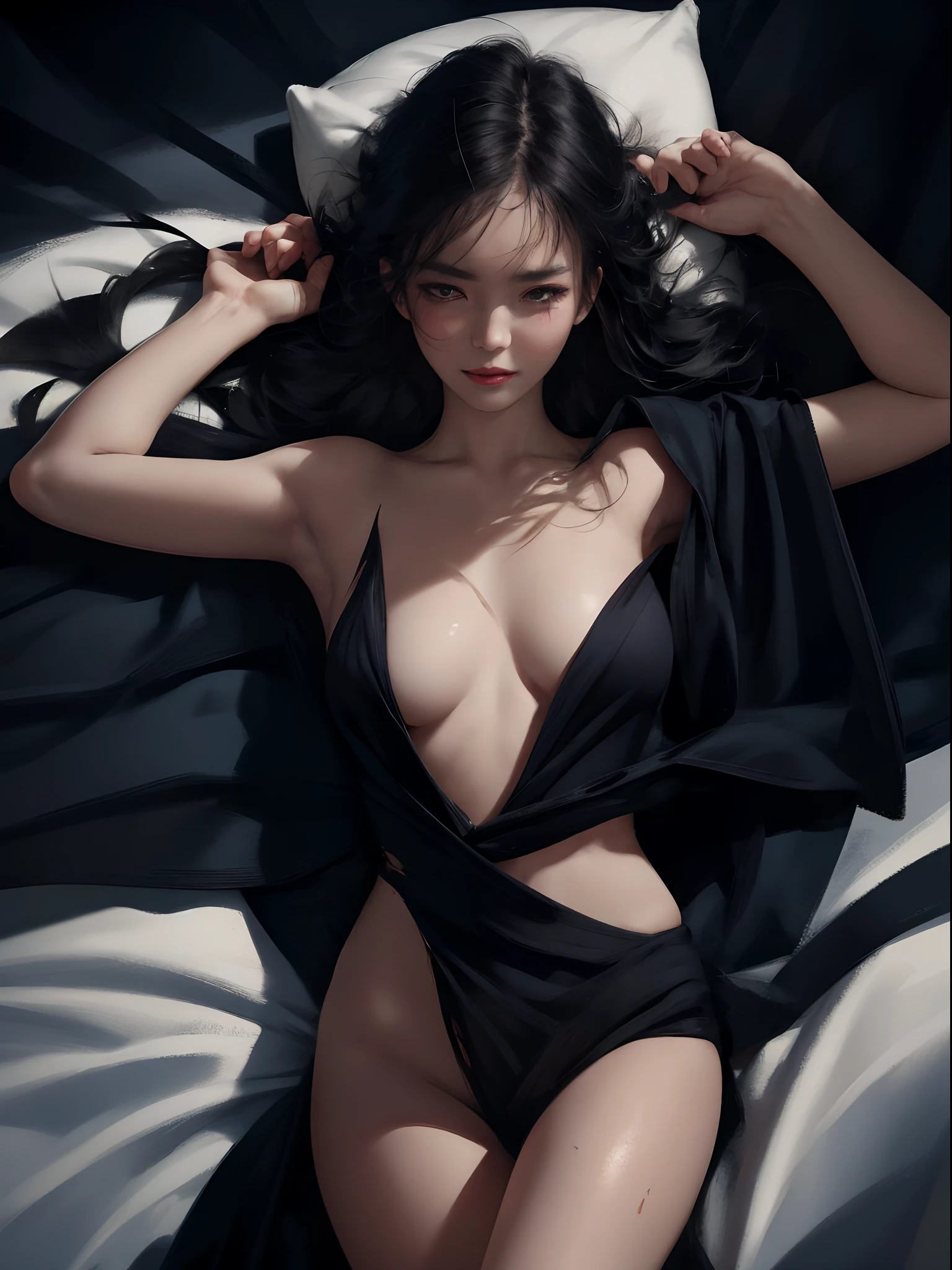 Best Image Quality, Masterpiece, Ultra High Definition, (Fidelity: 1.4), Photo, 1 Woman, Torn Sailor Suit, Movie,Room, Bed, (Ripped Clothes: 1.5), Naked Shoulders, Yawning Face, Sleepy Face, Wet Crotch, Seduction, Seductive Face, Random Hairstyle, Smile, Rough Breath, Lying on Your Back, Lying Up, Raising Your Arms, HyperSmoke, Dark Background, Black Background, wlop, from above,