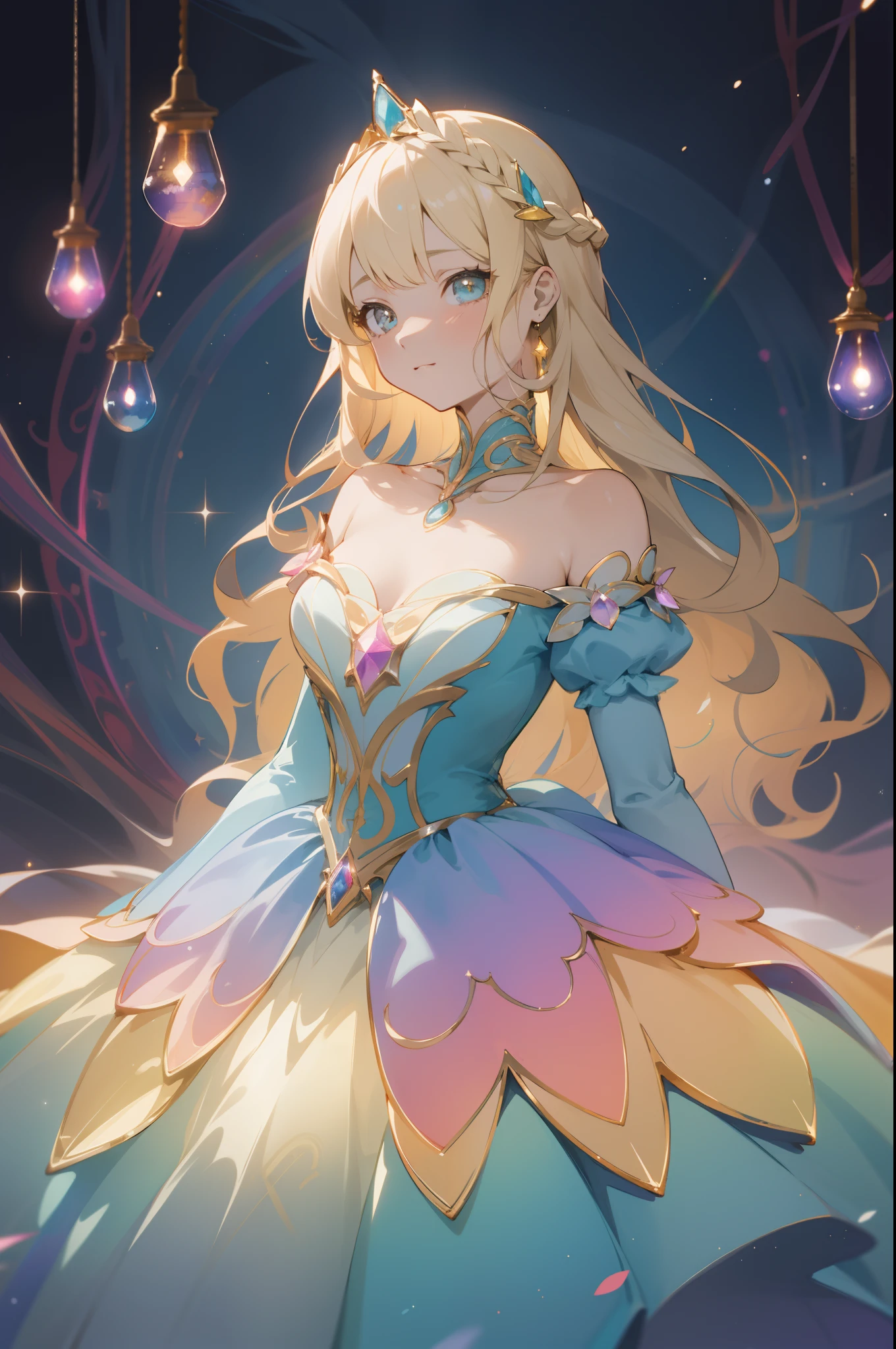 beautiful anime girl, princess, colorful fantasy princess layered ballgown, colorful rainbow layered ballgown dress, fantasia background, muted pastel colors, (masterpiece), best quality, sharp focus, intricate details, highly detailed, detailed dress design, sharp focus, high resolution, 8k resolution, beautiful face, golden ratio, perfection, perfect composition, sparkling eyes, highly detailed eyes, perfect face, beautiful, sparkling lights, dark background, cinematic lighting, long wavy blonde hair