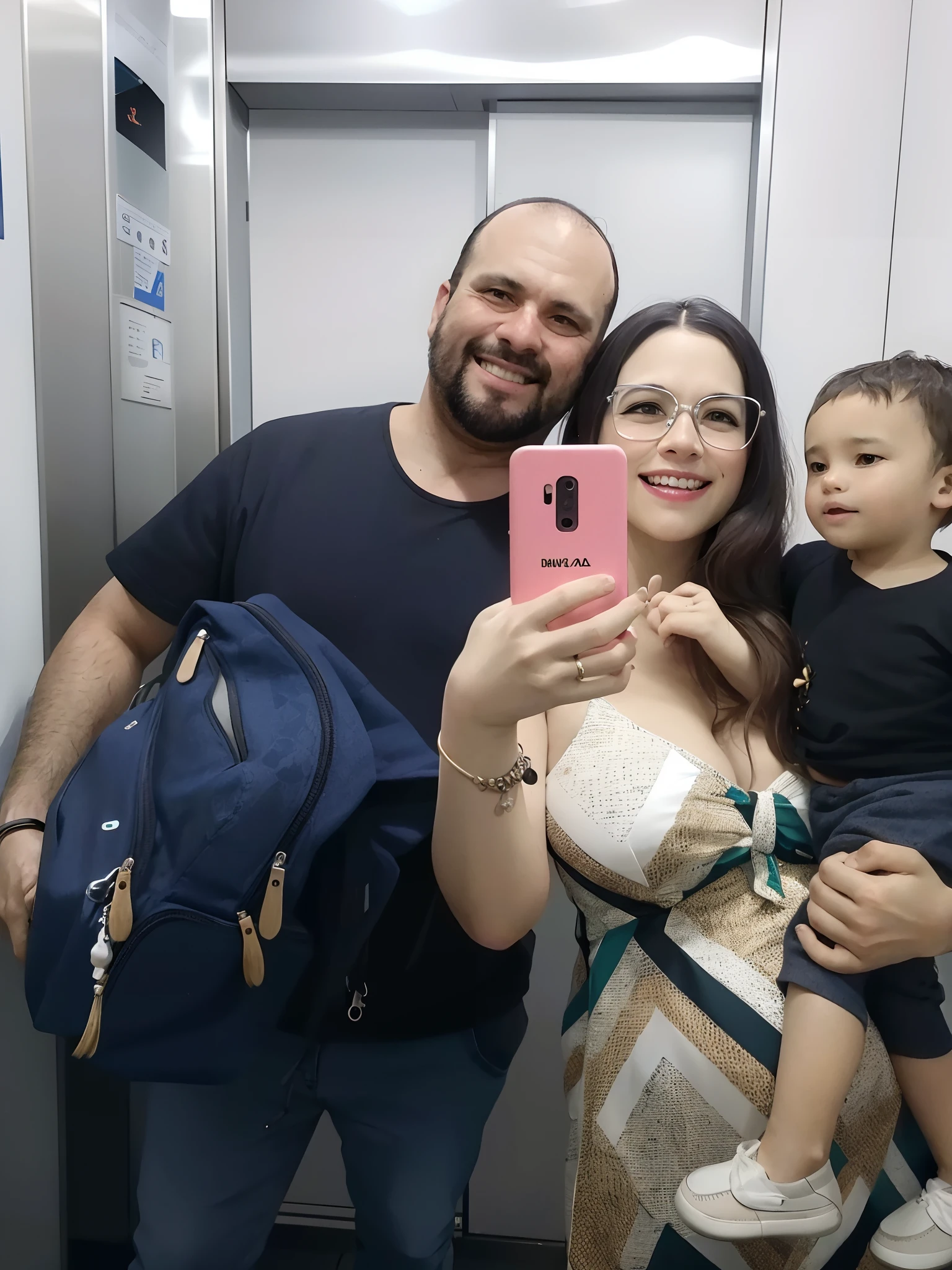 There's a man and a woman taking a picture with a , Directed by: Nandor Soldier, In Sao Paulo, marido esposa e filho, back to us, foto muito precisa, by Maria Helena Vieira da Silva, em um elevador, Fotografia selfie 8k, imagem da vida real, Happy family, with tiny people, Directed by: Luis Miranda, com muitos viajantes