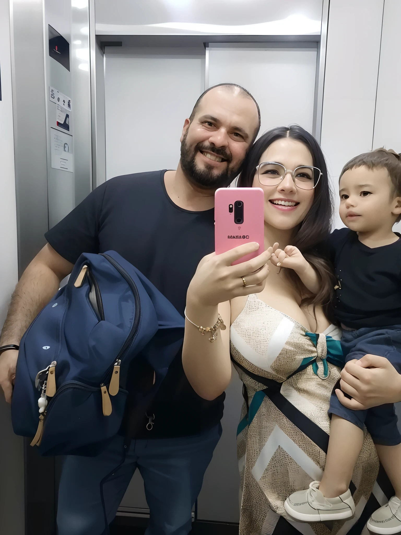 There's a man and a woman taking a picture with a baby, Directed by: Nandor Soldier, In Sao Paulo, marido esposa e filho, back to us, foto muito precisa, by Maria Helena Vieira da Silva, em um elevador, Fotografia selfie 8k, imagem da vida real, Happy family, with tiny people, Directed by: Luis Miranda, com muitos viajantes
