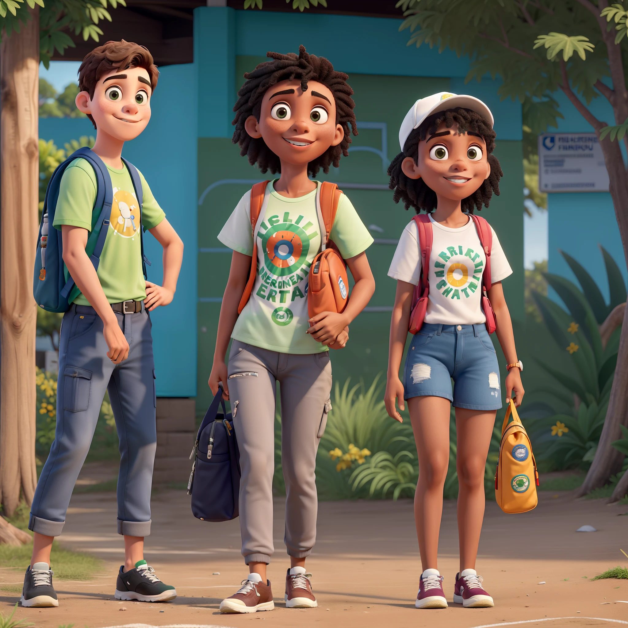 Obra-prima, de melhor qualidade, um jovem adulto, college student, com mochila nas costas, camiseta cor branca com gola e mangas cor verde, logotipo do instituto federal Farroupilha campus alegrete na frente da camiseta, Walking near the school