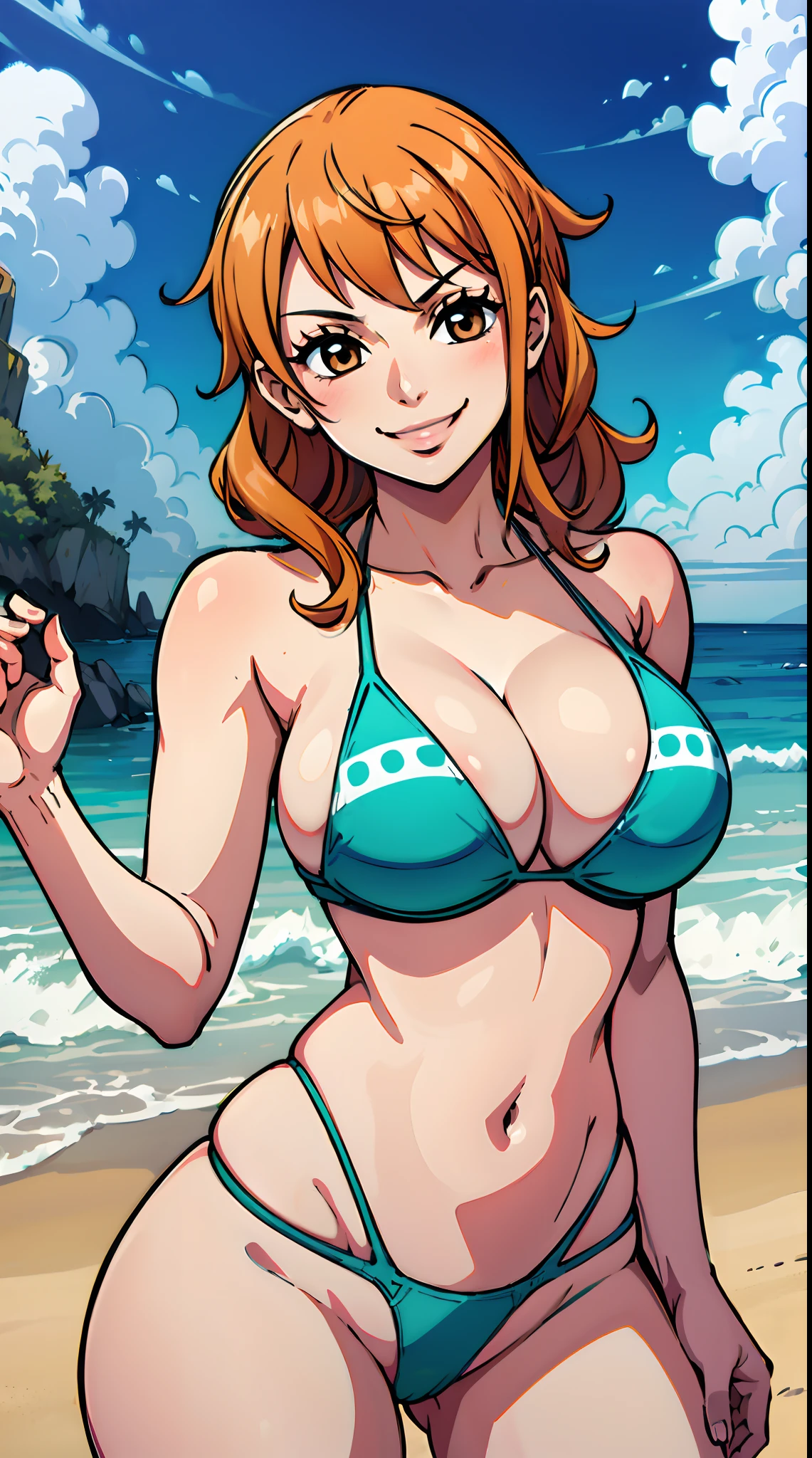 (best quality:1.3), nami, busty, cleavage, smile, seductive, sexy, curvy body, ((thong bikini latex)), ((beach))