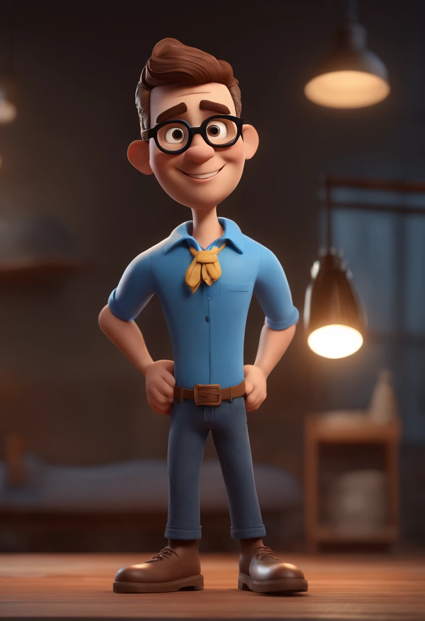 Cartoon character of a man with black glasses and a blue shirt, animation character, Caractere estilizado, animation style rendering, 3D estilizado, Arnold Maya render, 3 d render stylized, toon render keyshot, Personagem 3D, Personagem 3D, 3d rendering stylized, 3 d character render, personagem de desenho animado, Personagem de close up, Pose de personagem,  (Estilo Pixar) (master part:1.2) (Bokeh) (best quality) (pele detalhada) (textura detalhada) (8k) (argila) (Cinematic lighting) (foco nítido