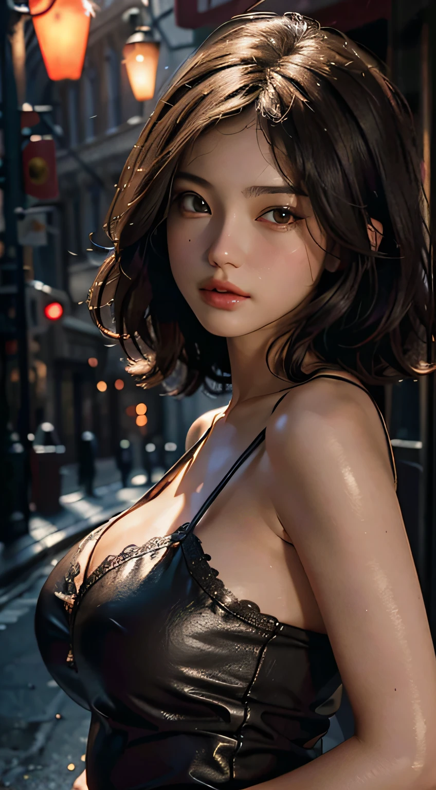Best quality, masterpiece, super high resolution, (realism: 1.4), original photo, 1girl, brunette hair, brown eyes, goddess, big breasts, bare shoulders, cinematic lighting