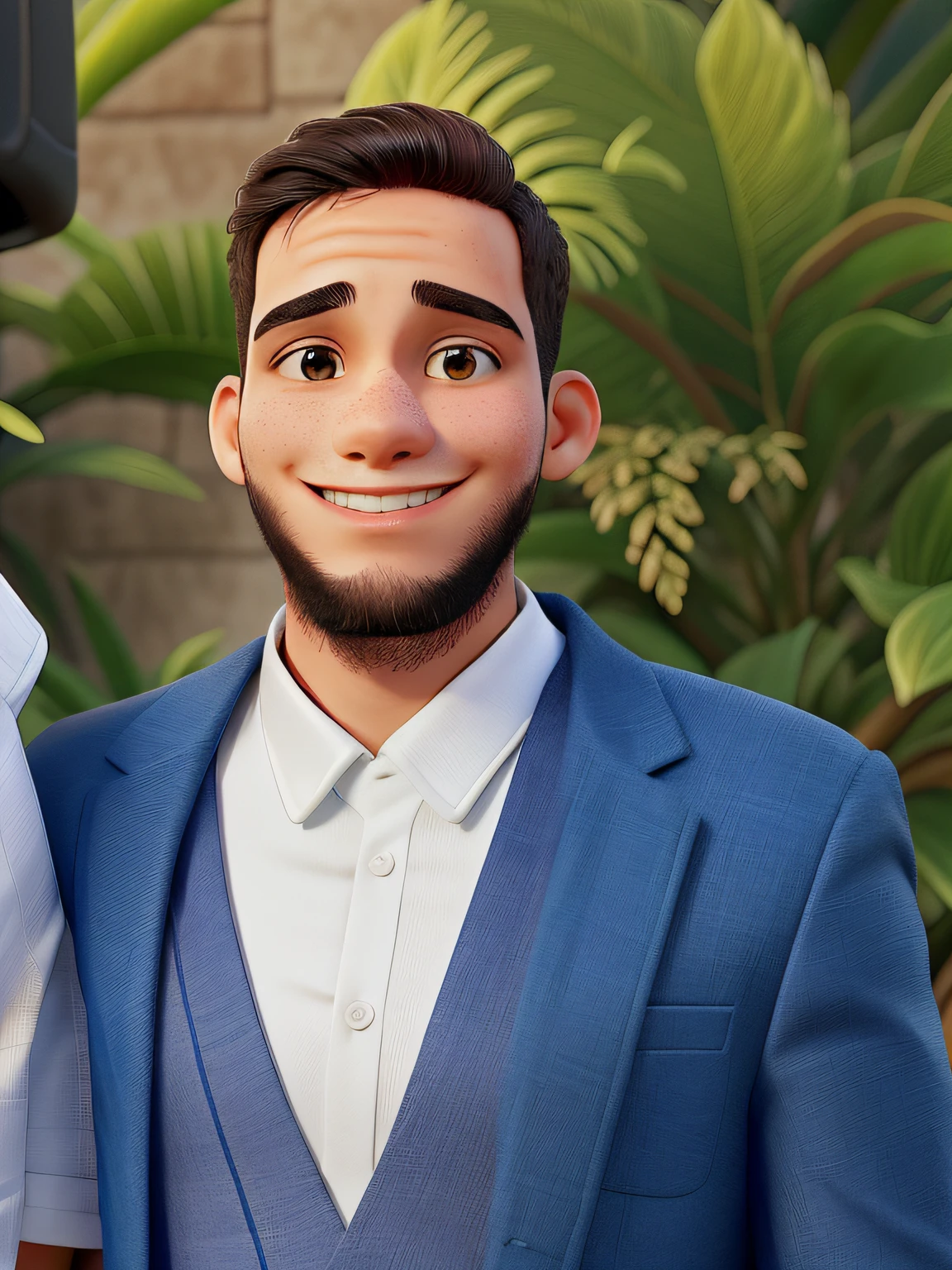 um jovem vestindo um terno sorrindo, In the background a vegetation