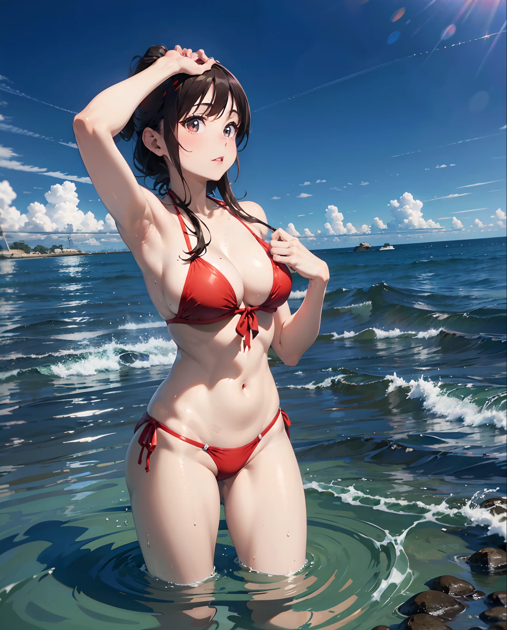 araffe woman in a bikini standing in the water with her hands on her head, full body shot in bikini, in bikini, red bikini, in a bikini, better known as amouranth, amouranth, is wearing a swimsuit, thicc, realistic bikini, bikini model, wearing two - piece swimsuit, beautiful thick female, thick body