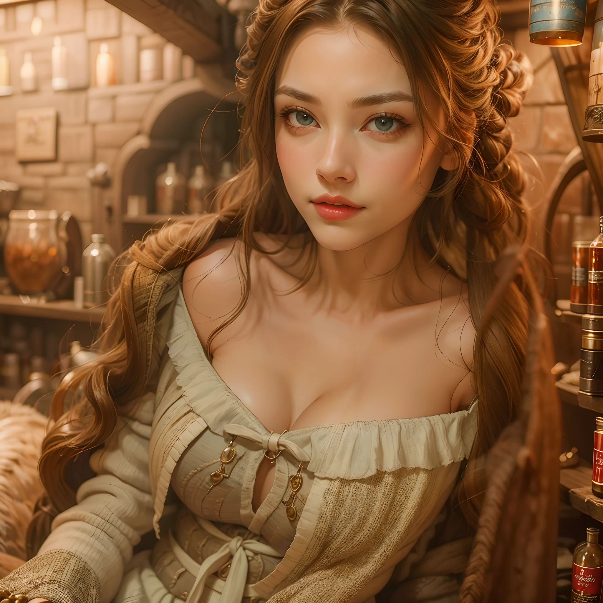 beautiful ginger women in detailed dress at cozy detailed potions shop, air above hair, IPA award wining, masterpiece