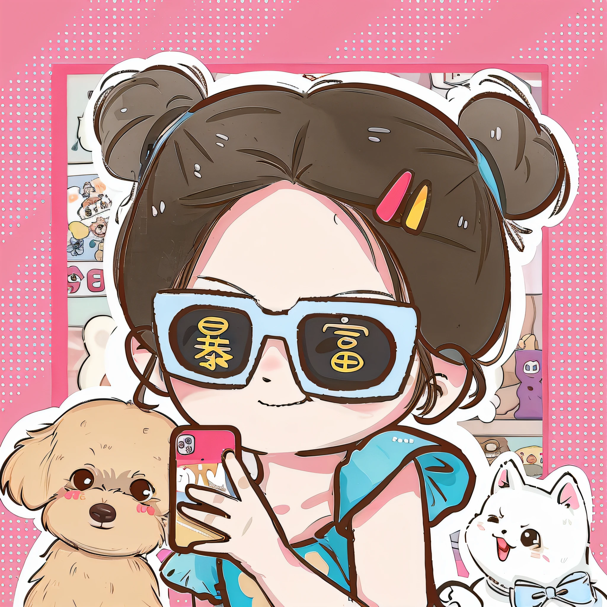 Cartoon girl in sunglasses taking a picture with a dog, lovely art style, hand painted cartoon art style, lofi-girl, Cartoon Cute, Cute detailed digital art, Cartoon Art Style, Cartoon Art Style, cute illustration, cute detailed artwork, lofi portrait, Cute cartoon style, Kawaii realistic portrait, adorable digital art, stickers illustrations, cute kawaii girls