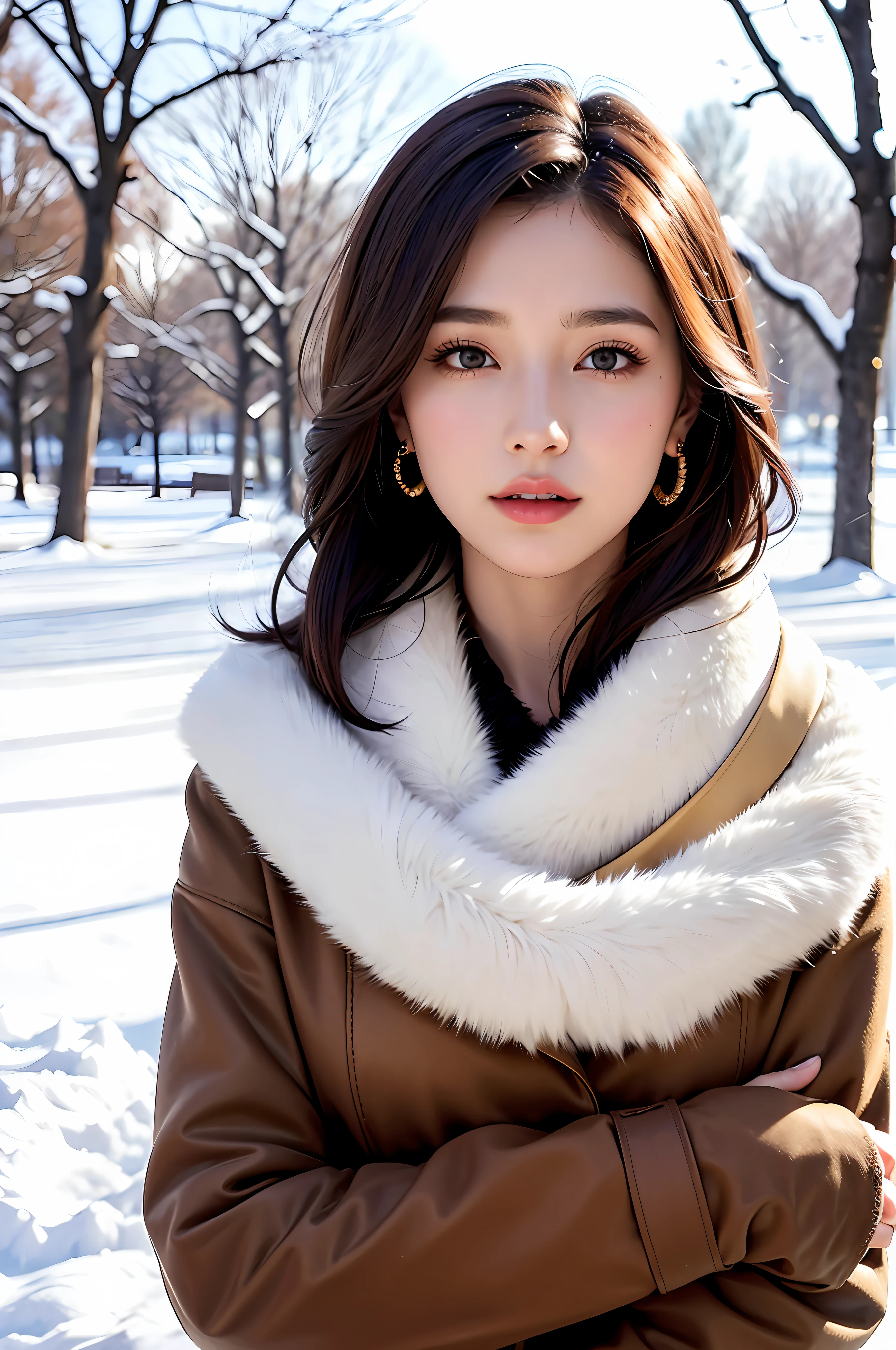 1 girl, bare_tree, brown_eyes, brown_hair, building, coat, cross_earrings, earrings, fur, fur trimmed_coat, fur_collar, fur_scarf, fur_trim, jewelry, lips, shorthair, looking_at_viewer, outdoors, snow, snow, solo, tree, upper_body, Winter, winter_clothes, detailed_eyes,Big breasts, arms close together, chest facing camera, ears out, golden ratio face, golden ratio body, top quality, ultra high definition