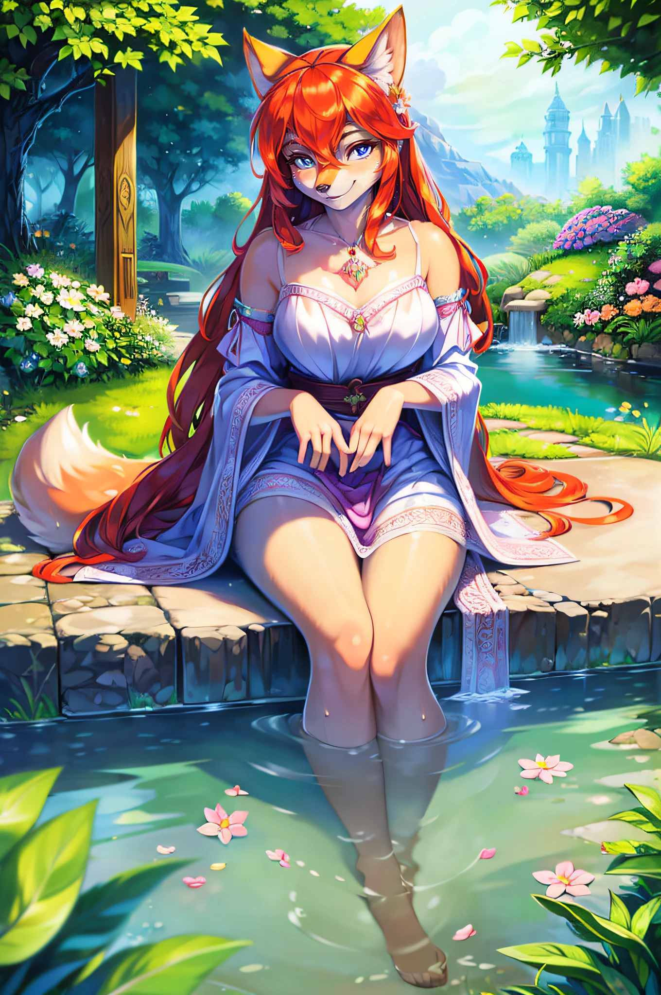 (Best quality, A high resolution, Ultra-detailed, Realistic:1.37), Furry girl, Fox girl, Long ears, Vibrant fur, Beautiful detailed eyes, Delicate facial features, soft expression, Flowing hair, Ethereal light, Whimsical garden, Blooming flowers, Lush greenery, Gentle breeze, Dappled sunlight, Magical atmosphere, Playful shadows, enchanting landscape, Vibrant colors, vivid background, Artistic rendering, Fantastic environment,