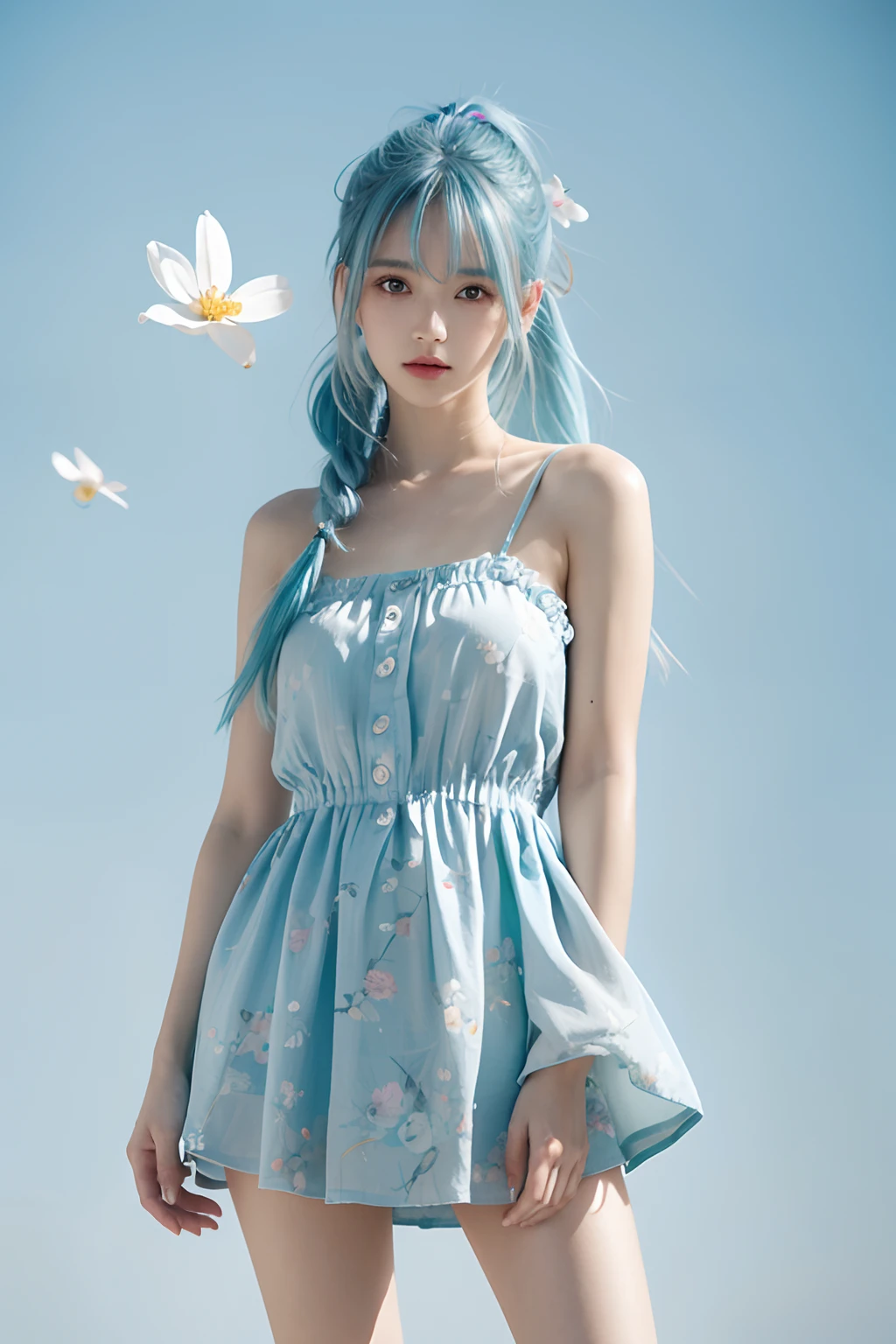 (Masterpiece), (Best quality), (Ultra detailed),(Disheveled hair),(illustration), (1girll), (Fashionable clothing), standing, Fashion model, view the viewer, (interview), (Simple background),Beautiful detailed eyes, Delicate beautiful face, Floating,(High saturation),(Colorful splashes),colorful bubble,(Shining), focus onface, pony tails, Kamiasto ayaka, Light blue hair, bangs, Hair ring, Floating flowers, Floating hairs, (Shining), BEST lighting, Best shadow,