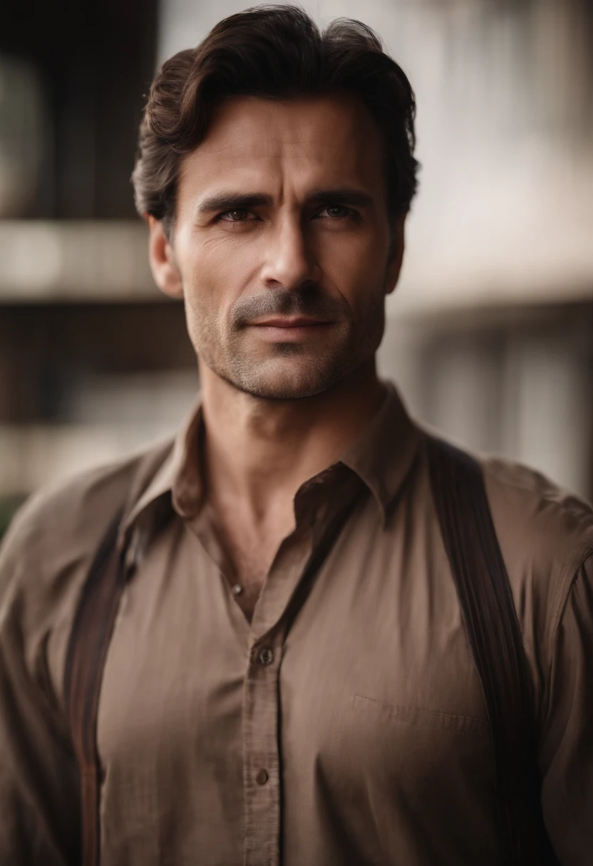 Portrait of a strong father , Purposeful, Knowing His Power, brunette with kinky brown hair, Large face, very oval with a dimple on the cheekbones, Half-closed eyes with broad shoulders and fonts, from 1,85 Chest Height Gorgeous & Exotic Set