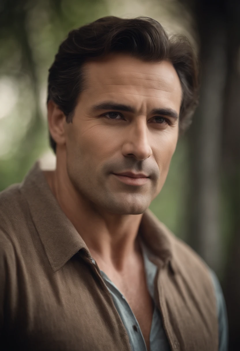 Portrait of a strong father , Purposeful, Knowing His Power, brunette with kinky brown hair, Large face, very oval with a dimple on the cheekbones, Half-closed eyes with broad shoulders and fonts, from 1,85 Chest Height Gorgeous & Exotic Set