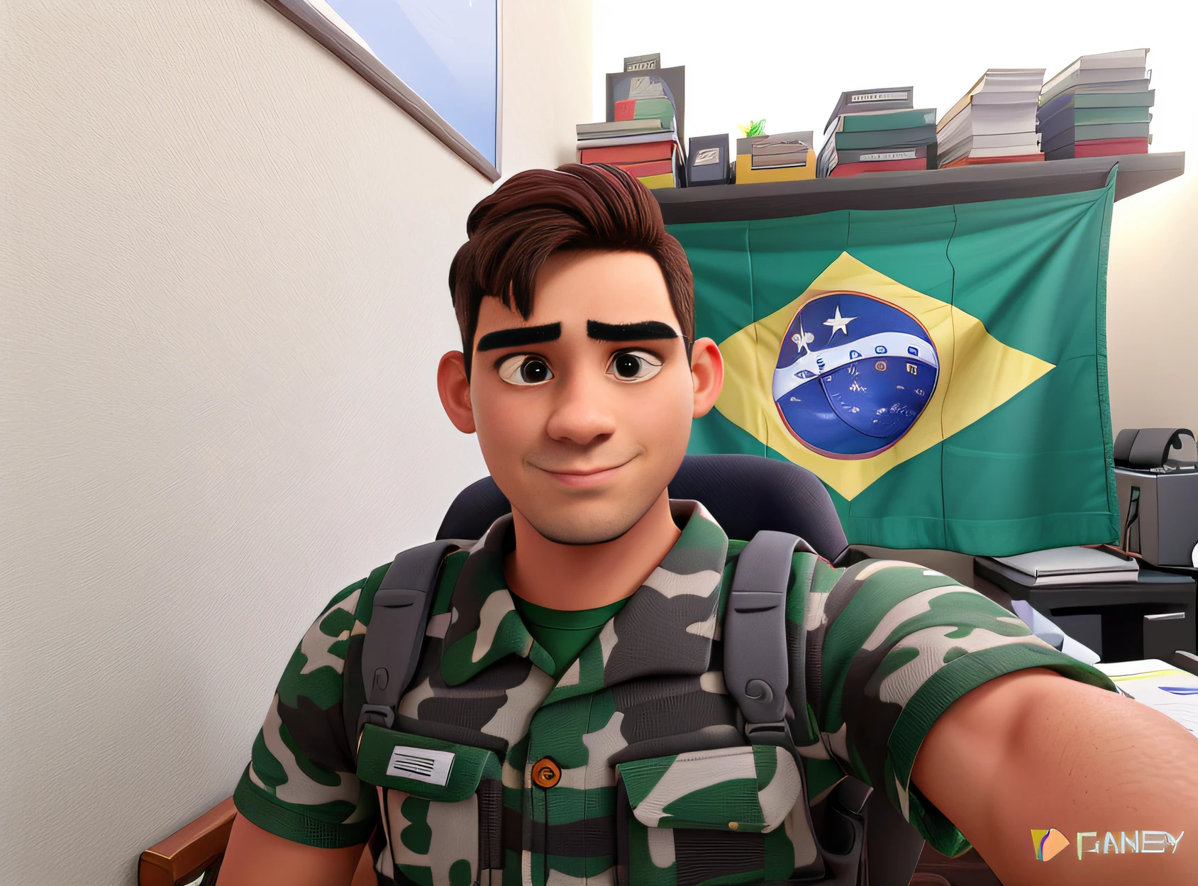 Um homem de 26 anos, sentado de frente, com roupa camuflada, e no fundo uma bandeira do brasil