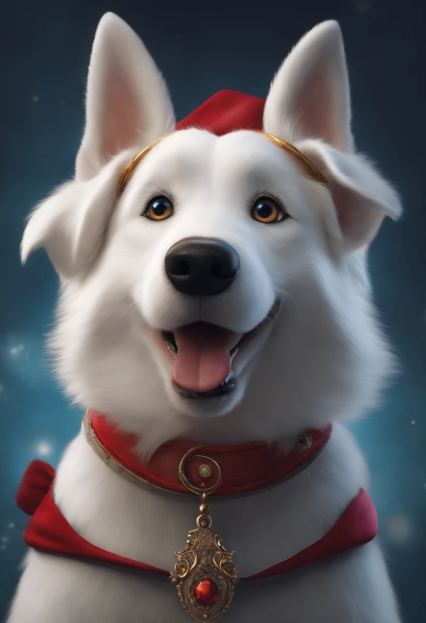 White dog with pointy ears Disney pixar style with a stocking foot in his mouth